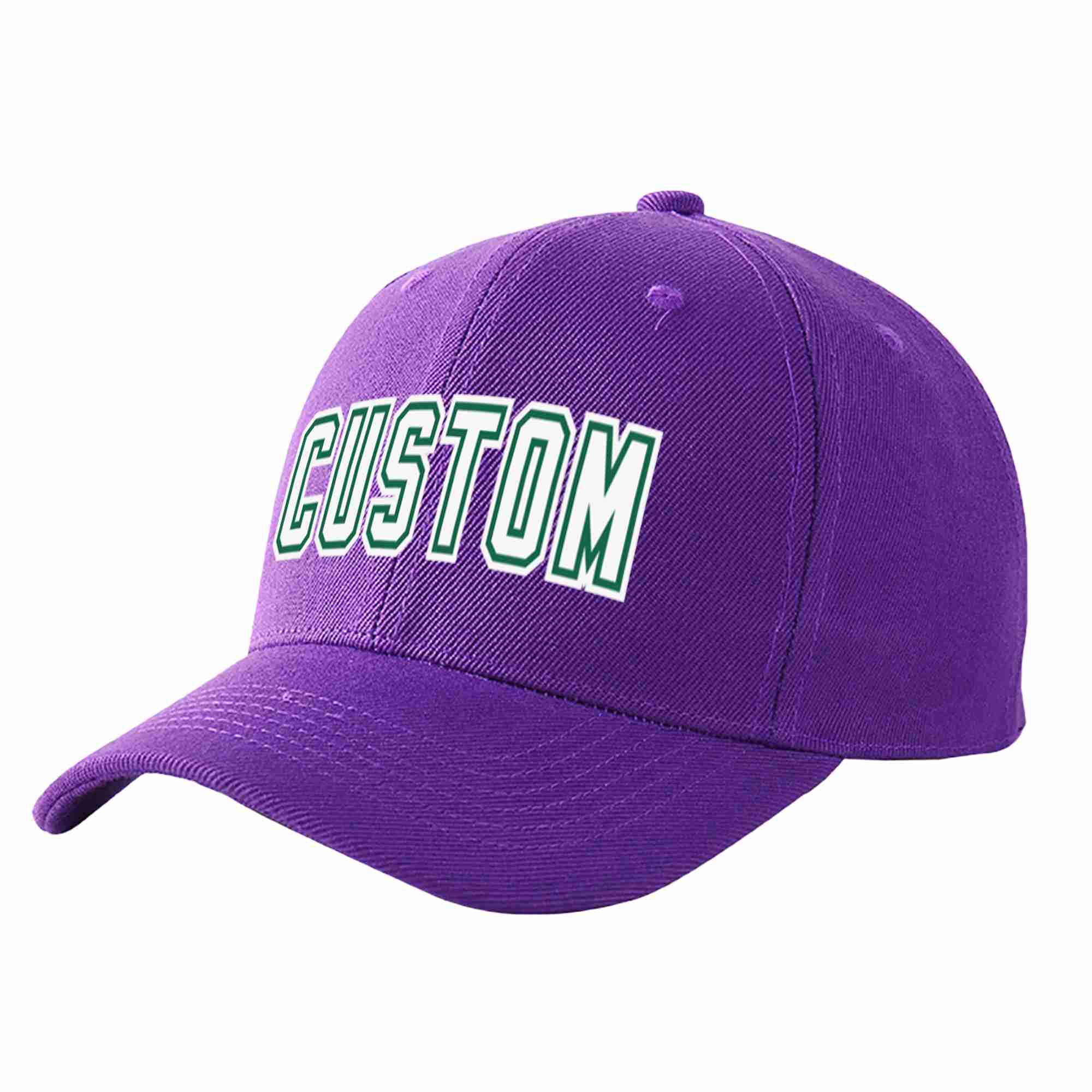 Custom Purple White-Kelly Green Curved Eaves Sport Baseball Cap Design for Men/Women/Youth