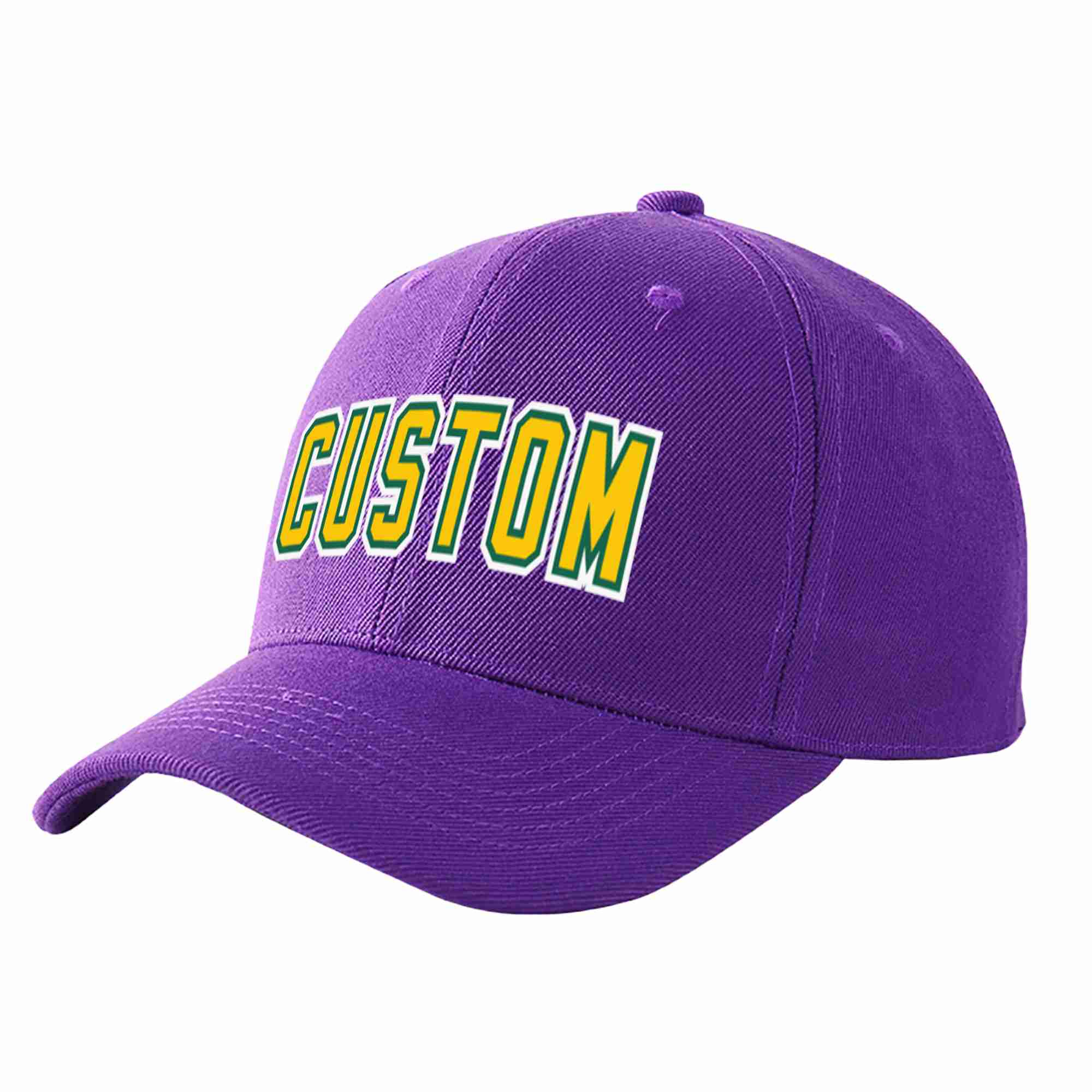 Conception personnalisée de casquette de baseball de sport incurvée pourpre or-kelly vert pour hommes/femmes/jeunes