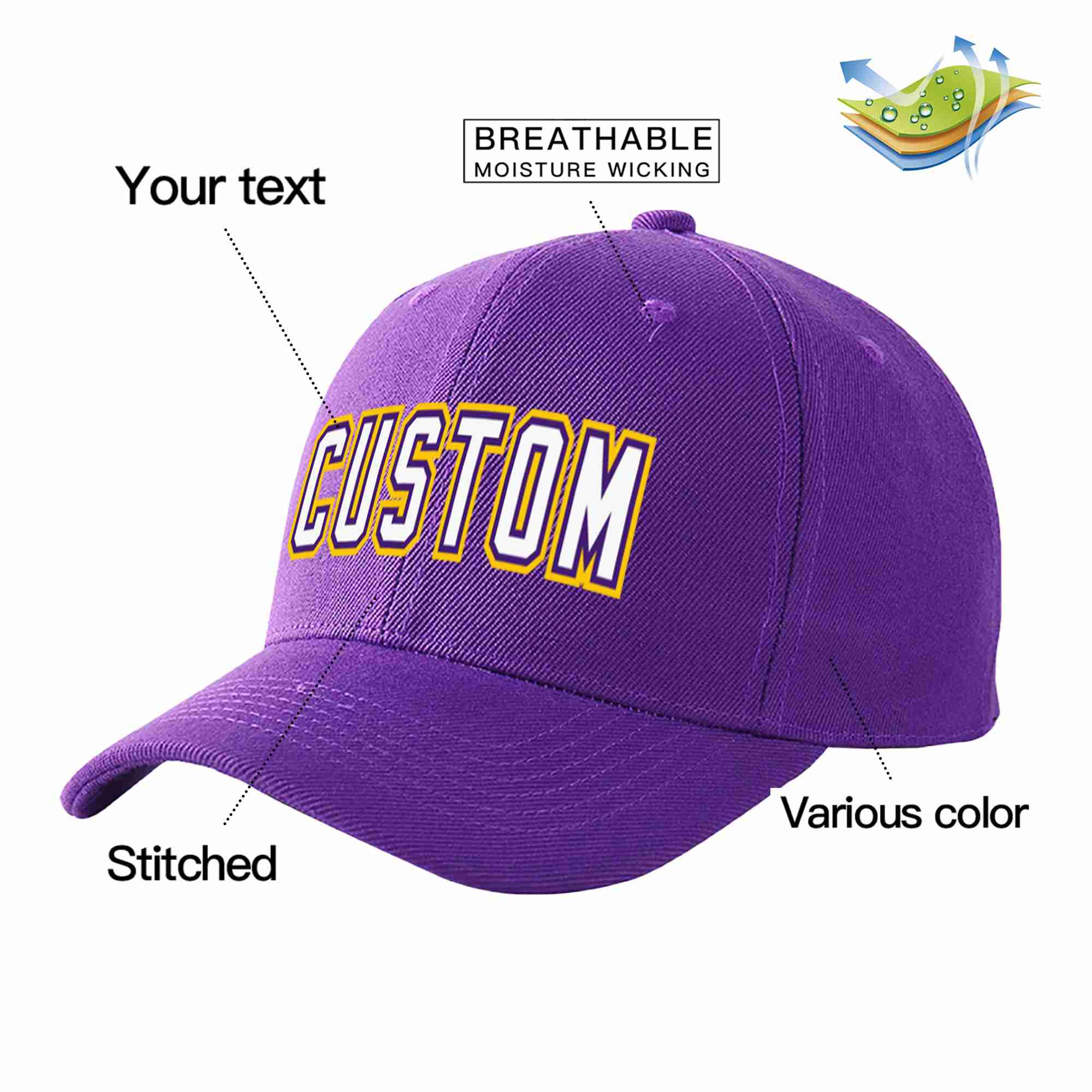 Conception personnalisée de casquette de baseball de sport incurvée violet blanc-violet pour hommes/femmes/jeunes