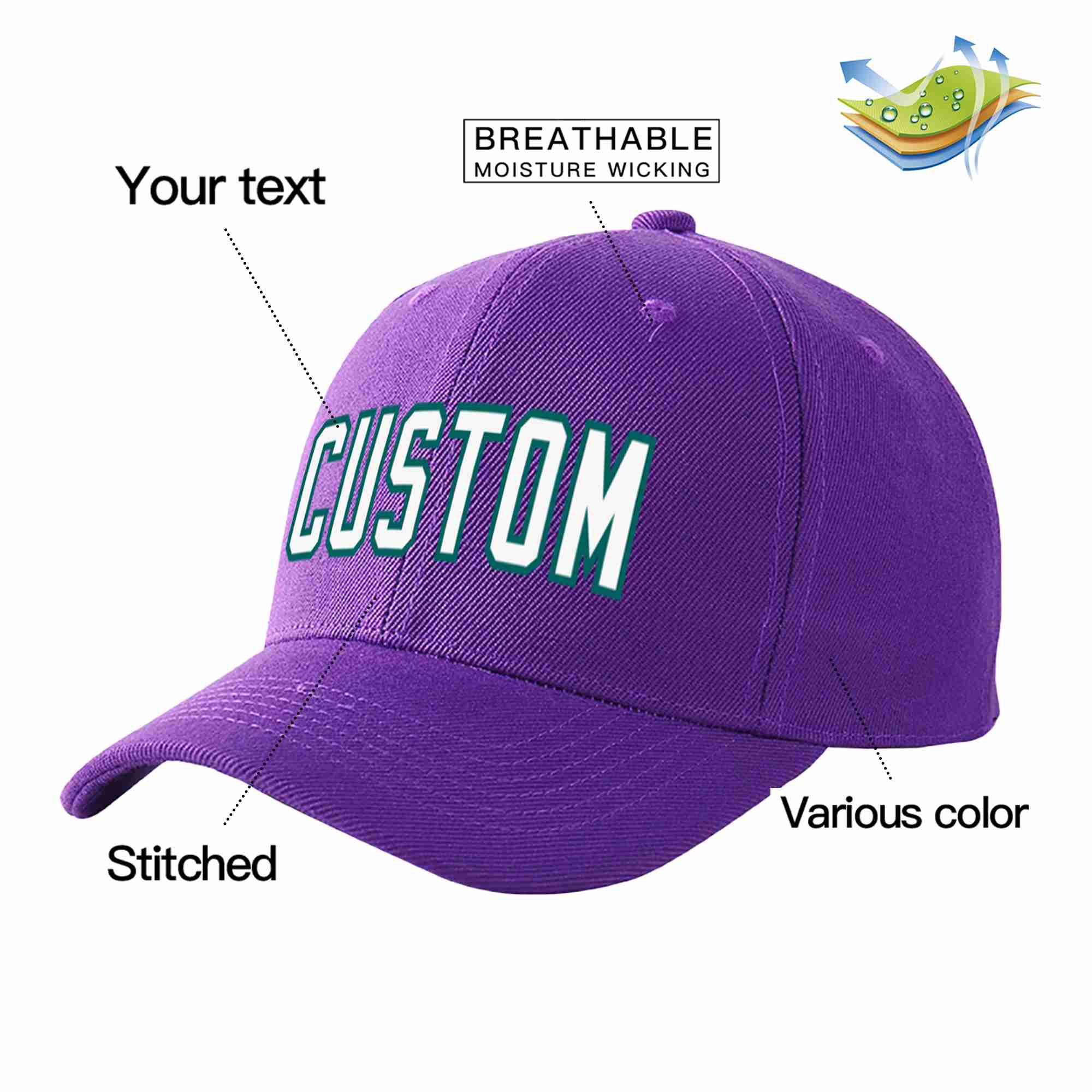 Conception personnalisée de casquette de baseball de sport incurvée pourpre blanc-aqua pour hommes/femmes/jeunes