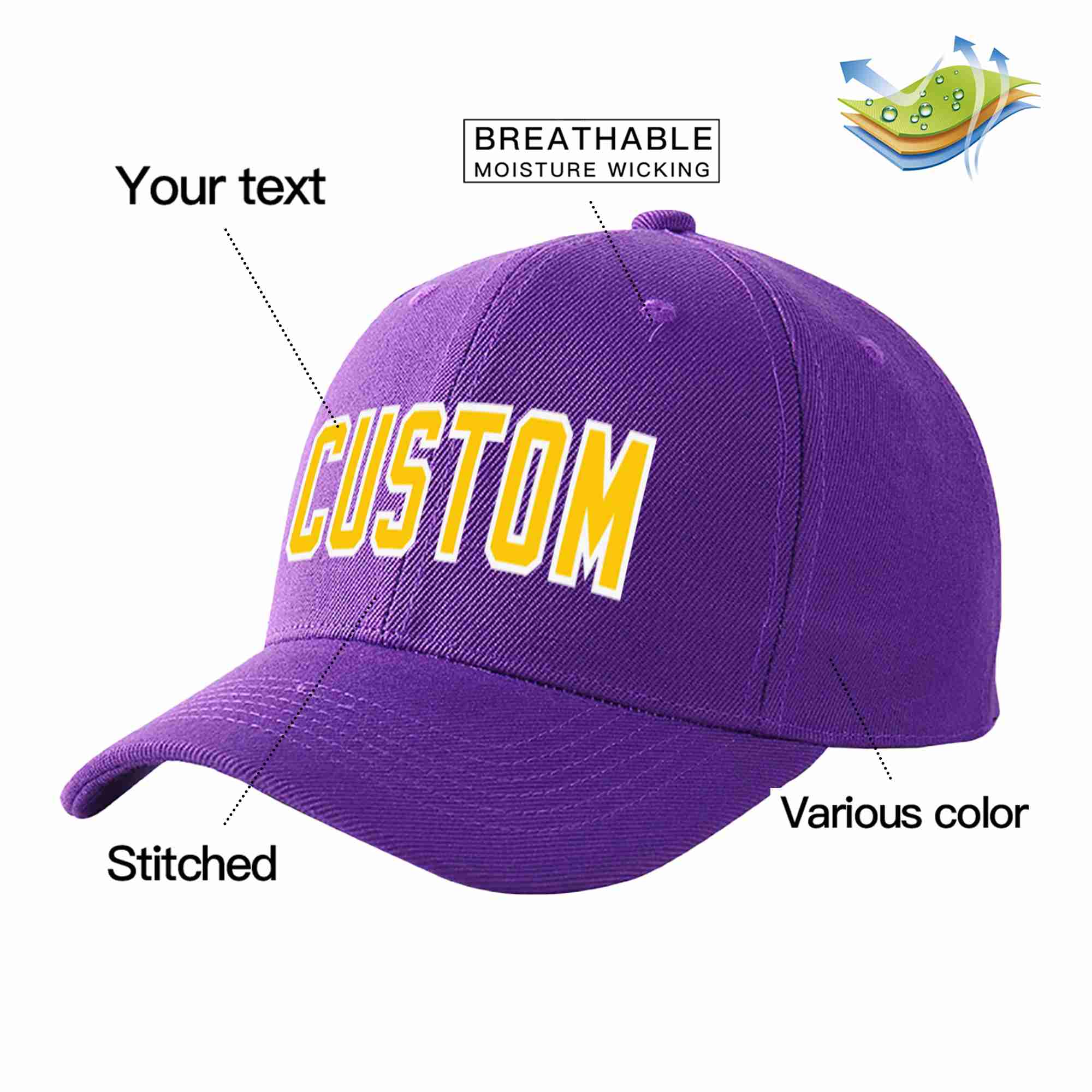 Conception personnalisée de casquette de baseball de sport incurvée Eaves violet or-blanc pour hommes/femmes/jeunes