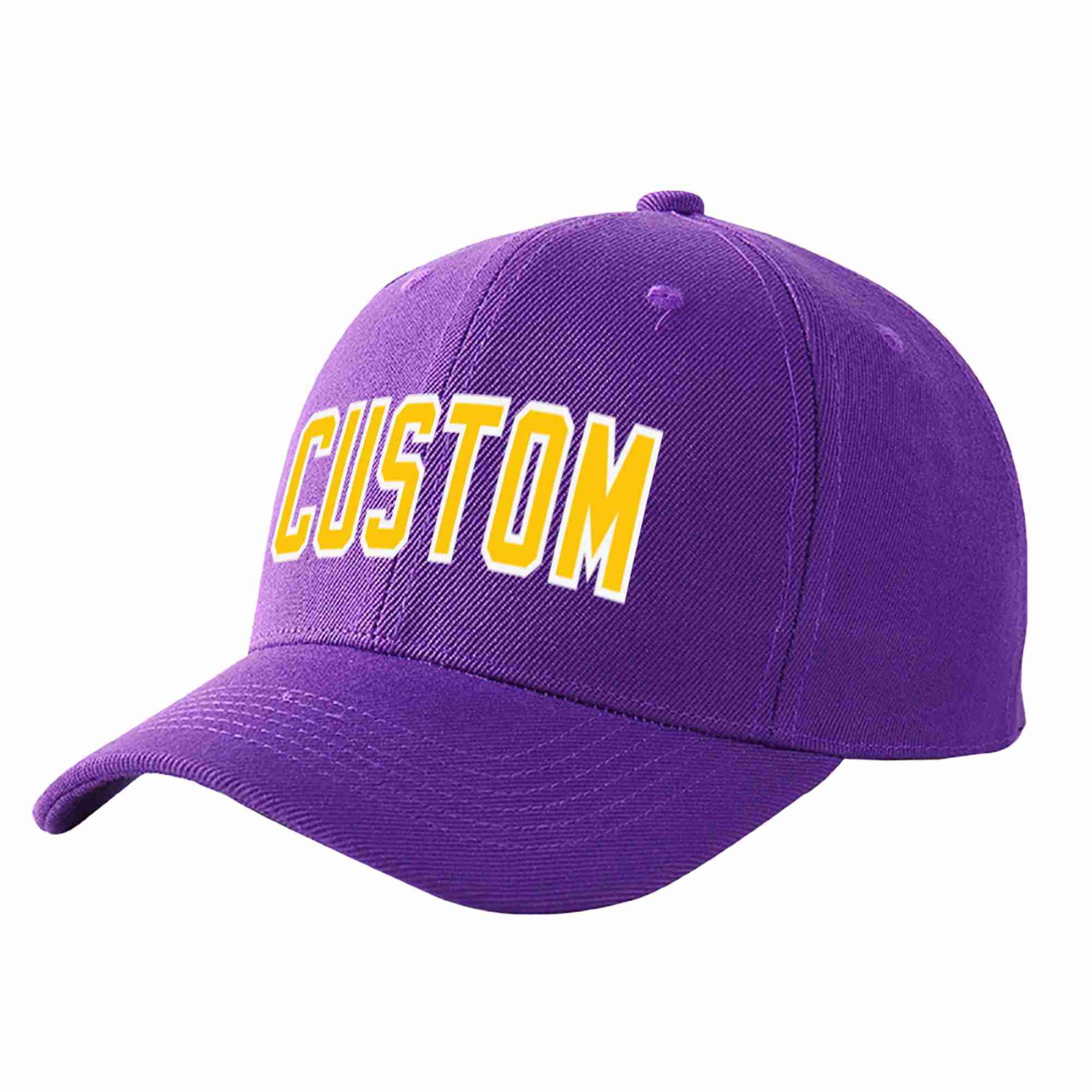 Conception personnalisée de casquette de baseball de sport incurvée Eaves violet or-blanc pour hommes/femmes/jeunes