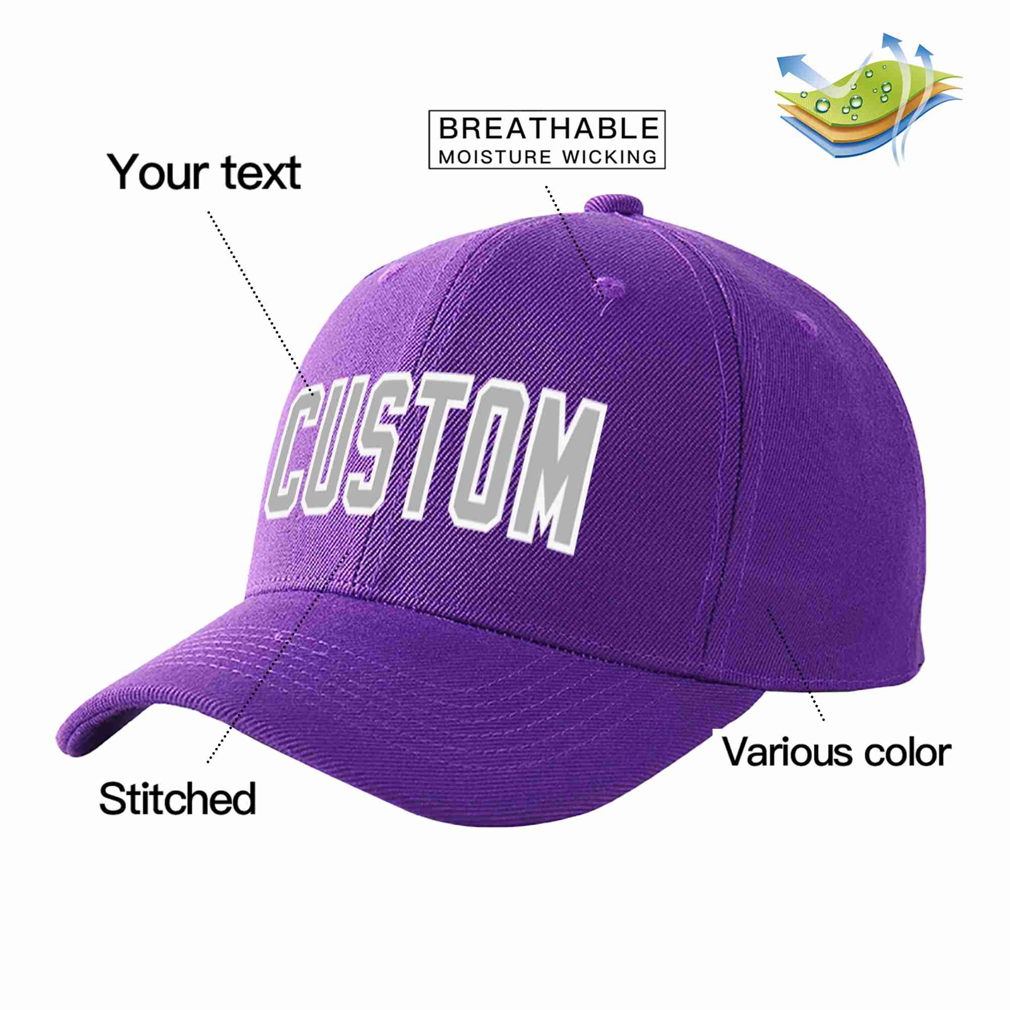 Casquette de baseball de sport incurvée personnalisée, violet, gris-blanc, conception pour hommes/femmes/jeunes