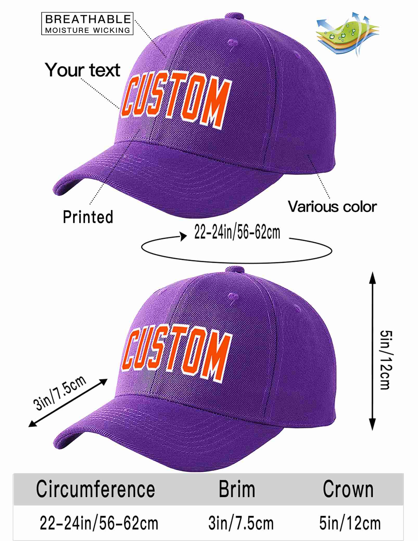 Conception personnalisée de casquette de baseball de sport incurvée violet orange-blanc pour hommes/femmes/jeunes