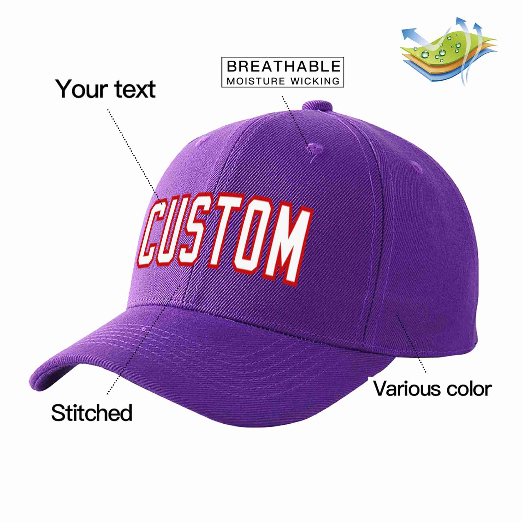 Conception personnalisée de casquette de baseball de sport incurvée violet blanc-rouge pour hommes/femmes/jeunes