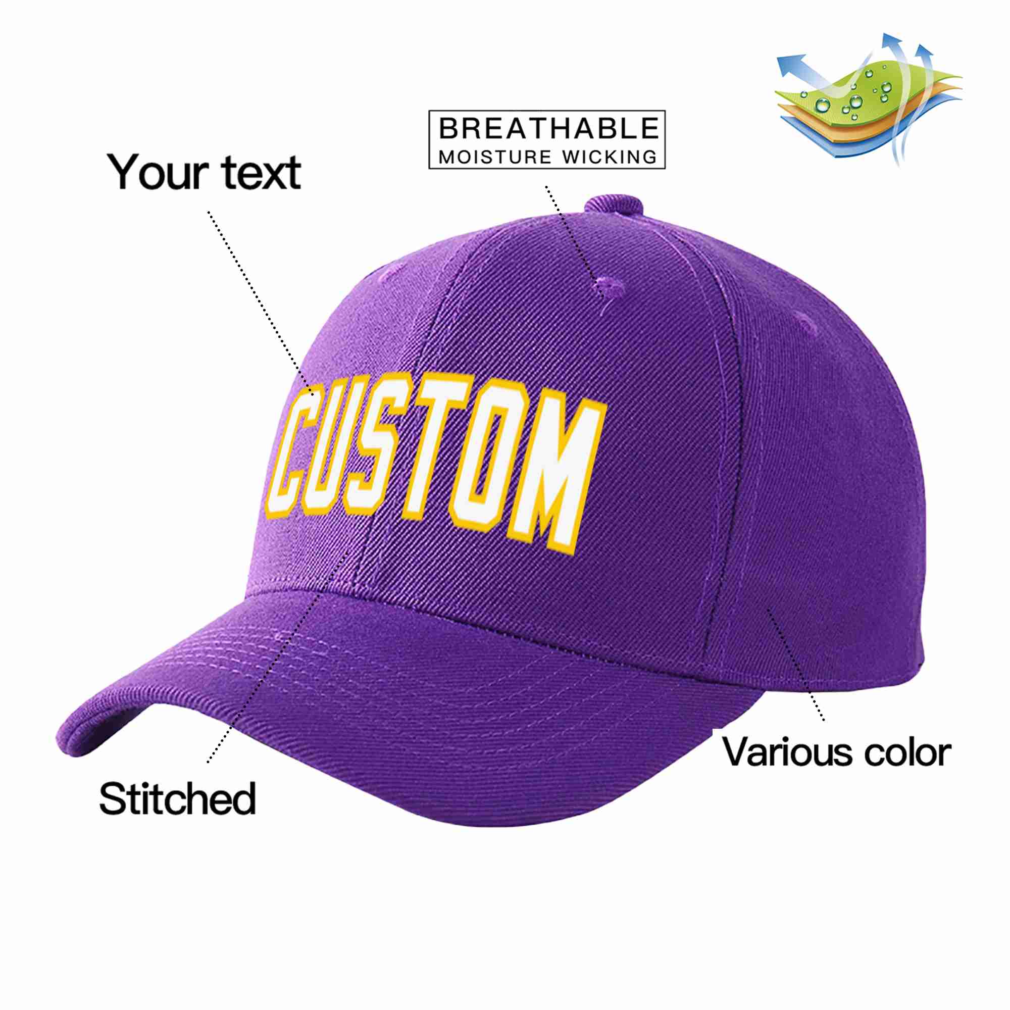 Conception personnalisée de casquette de baseball de sport incurvée Eaves violet blanc-or pour hommes/femmes/jeunes