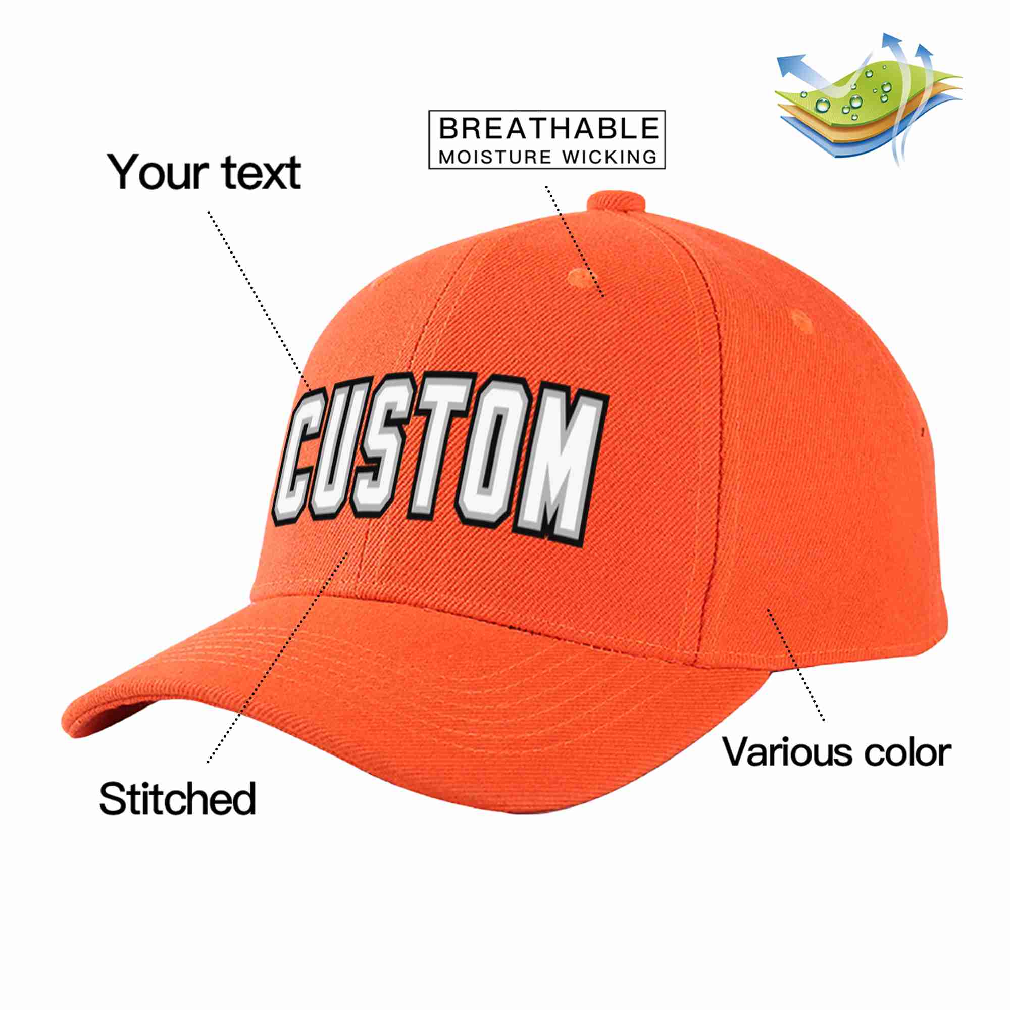 Conception personnalisée de casquette de baseball de sport incurvée blanc-gris mandarine pour hommes/femmes/jeunes