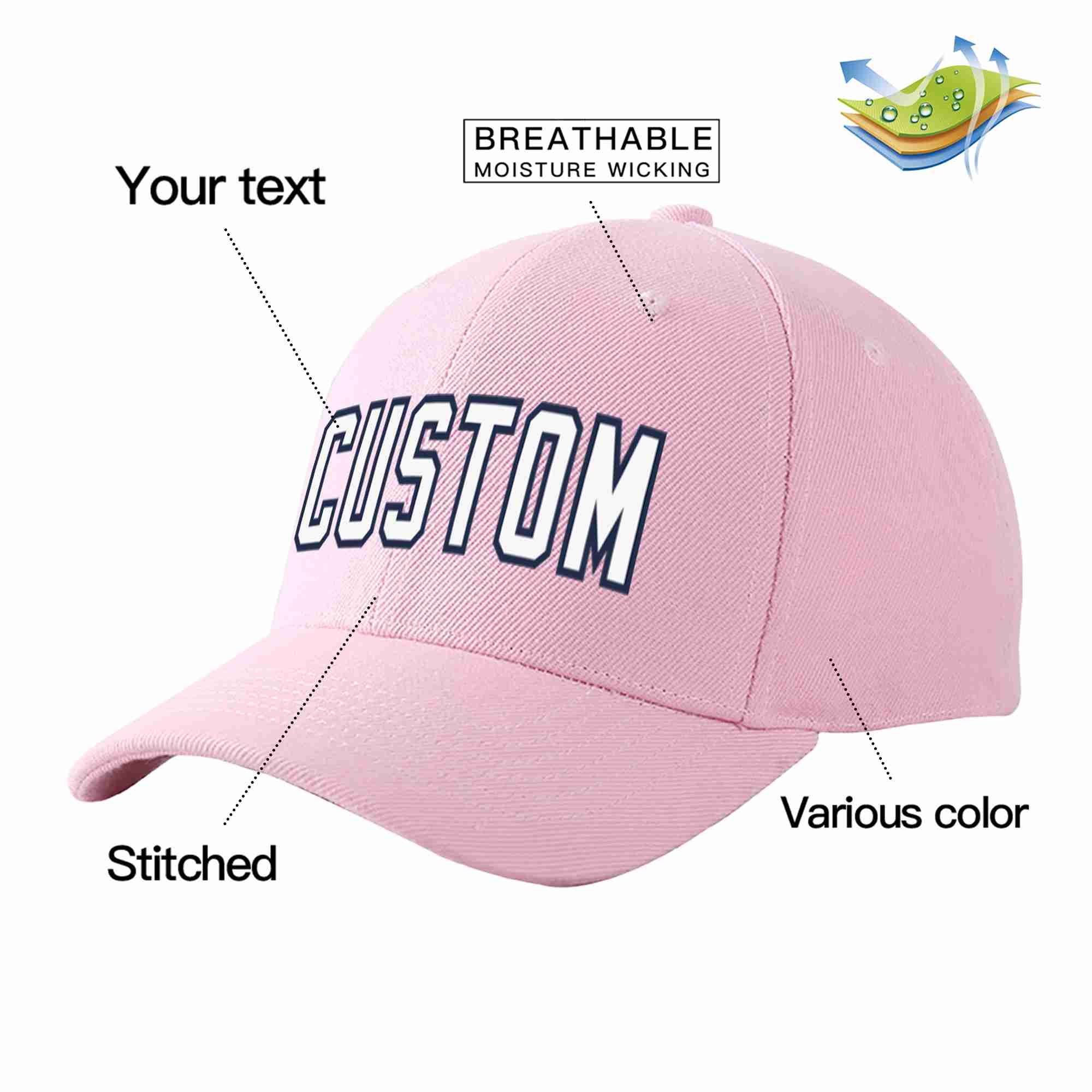 Conception personnalisée de casquette de baseball de sport incurvée rose blanc-marine pour hommes/femmes/jeunes