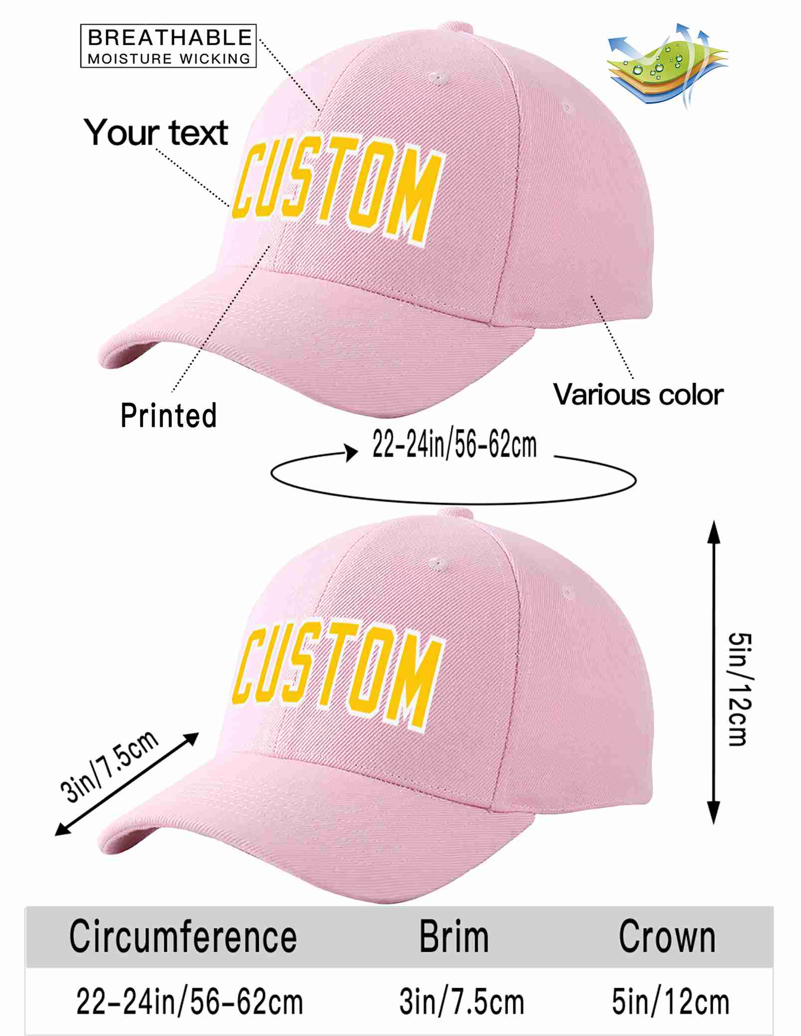 Custom Pink Gold-White Curved Eaves Sport Baseball Cap Design for Men/Women/Youth