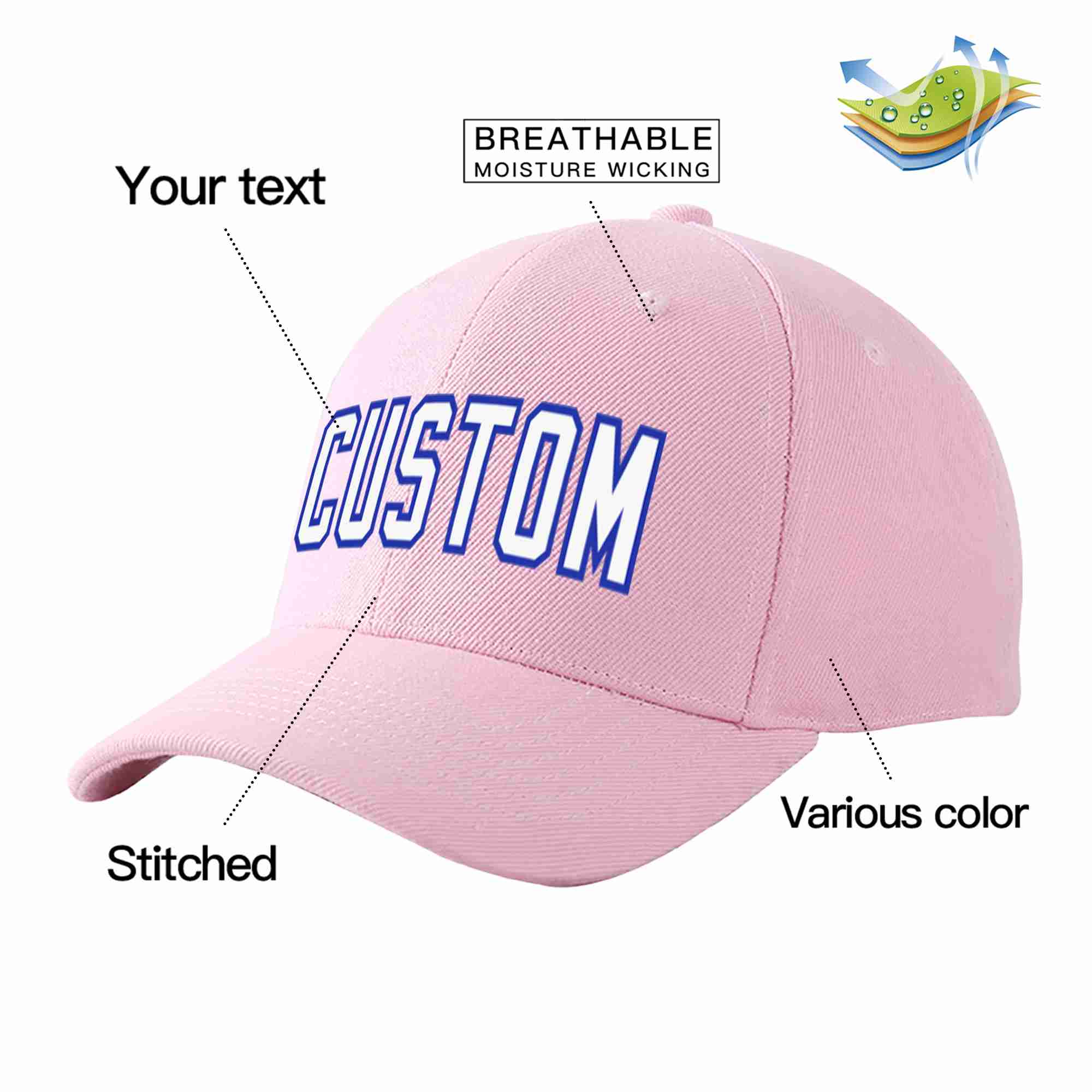 Conception personnalisée de casquette de baseball de sport incurvée Eaves rose blanc-royal pour hommes/femmes/jeunes