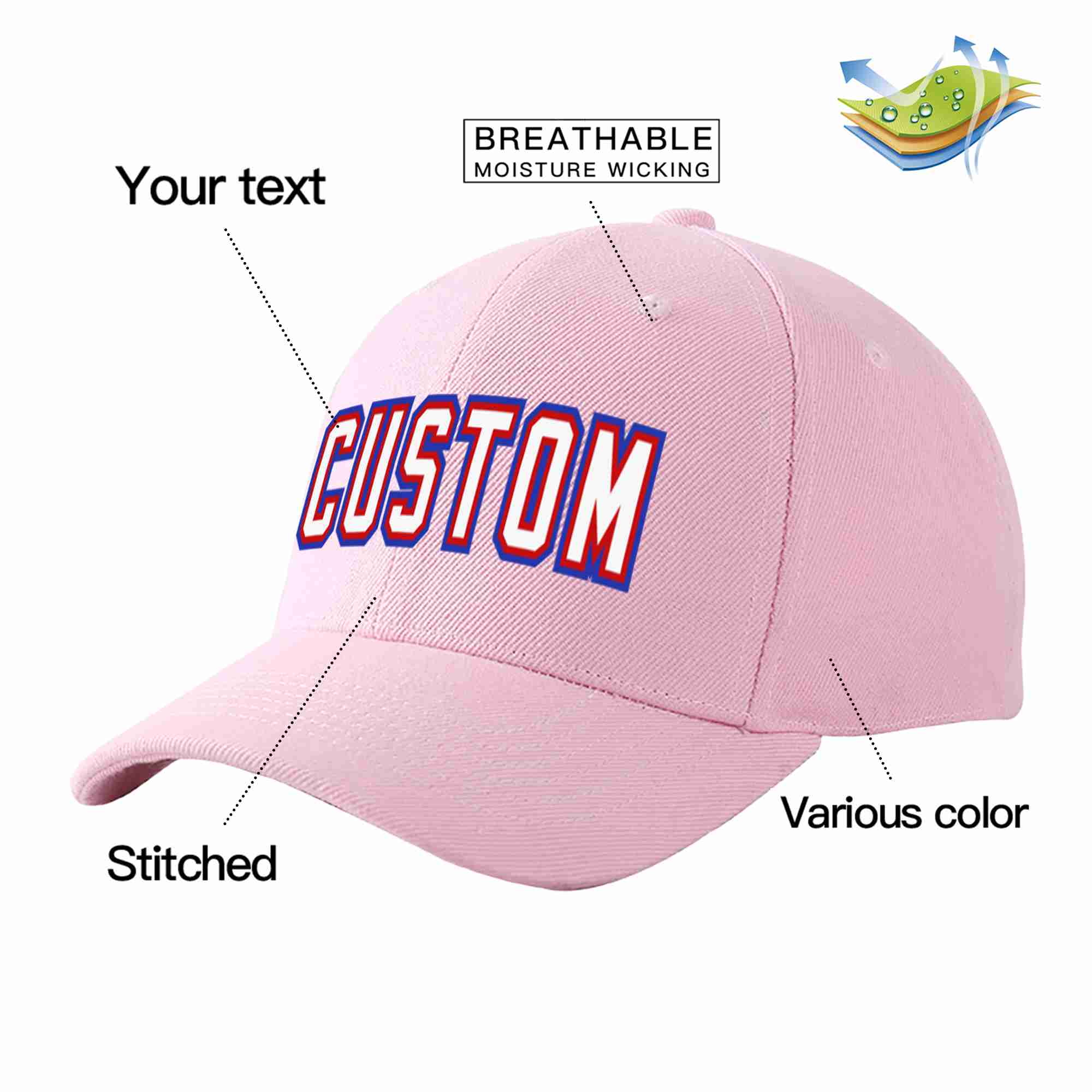 Conception personnalisée de casquette de baseball de sport incurvée rose blanc-rouge pour hommes/femmes/jeunes