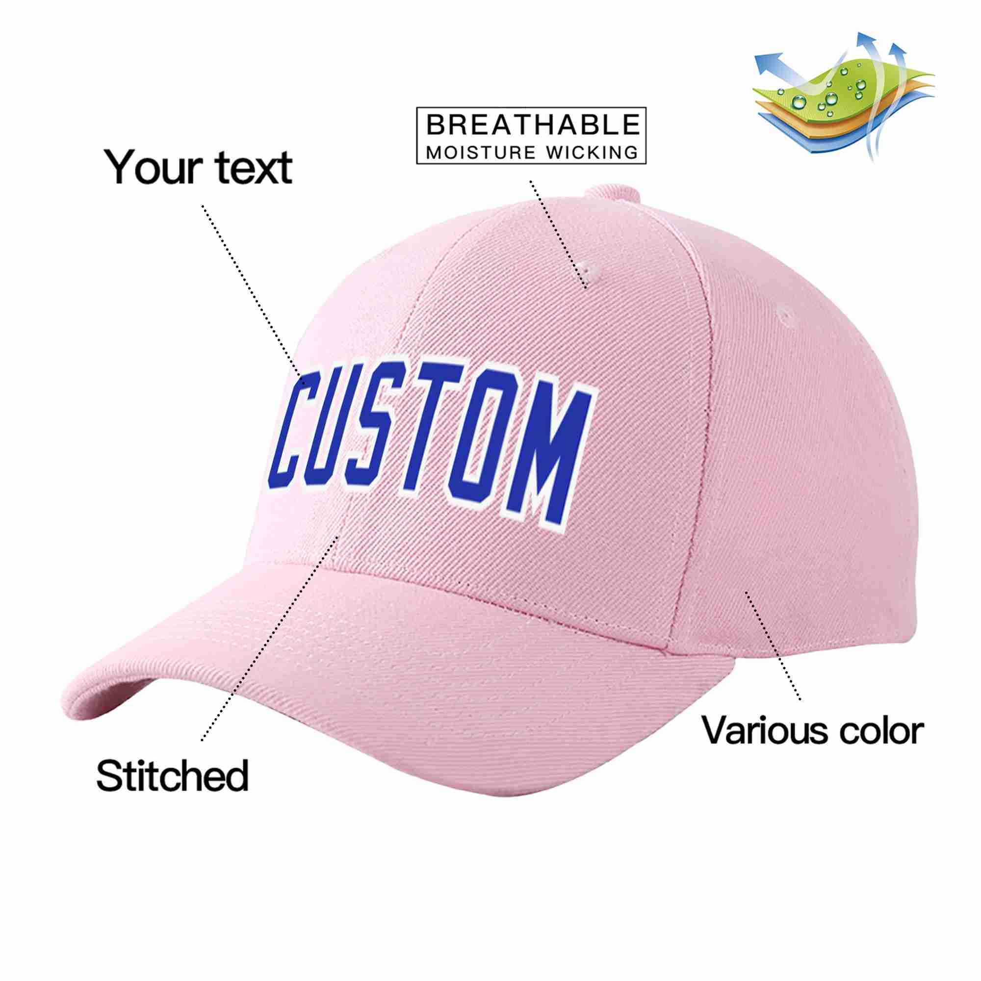 Conception personnalisée de casquette de baseball de sport incurvée rose royal-blanc pour hommes/femmes/jeunes