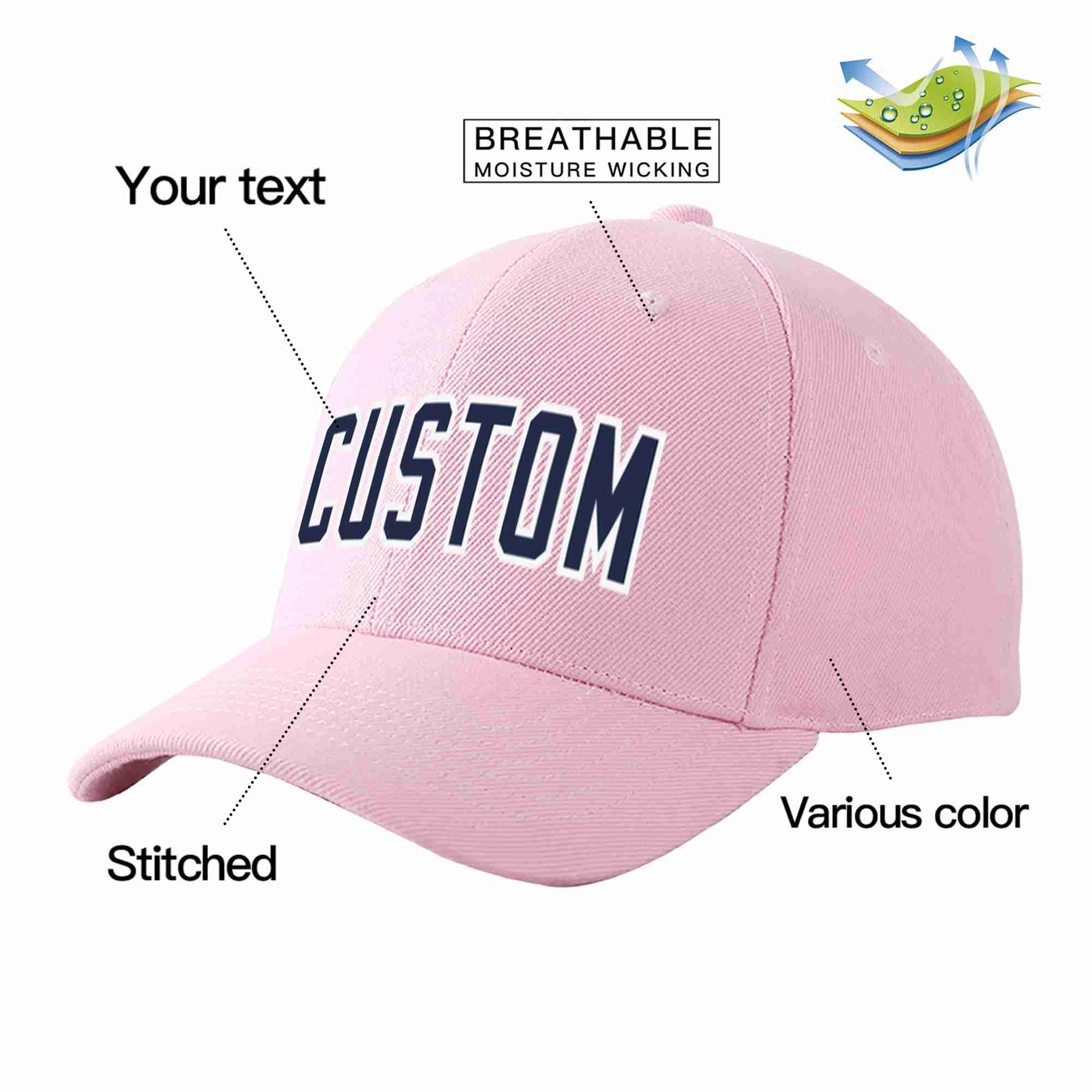 Conception personnalisée de casquette de baseball de sport incurvée rose marine-blanc pour hommes/femmes/jeunes