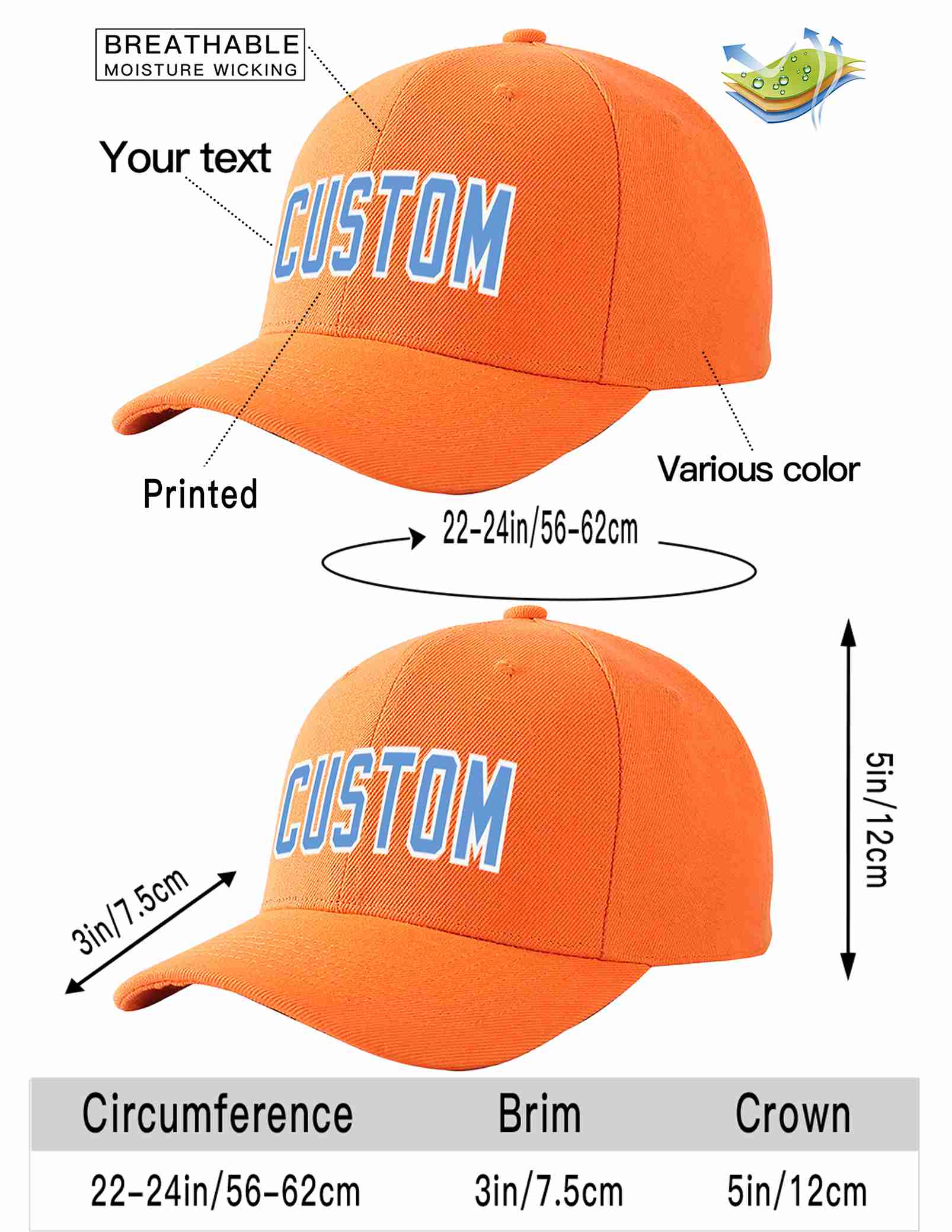 Conception personnalisée de casquette de baseball de sport incurvée orange bleu clair-blanc pour hommes/femmes/jeunes