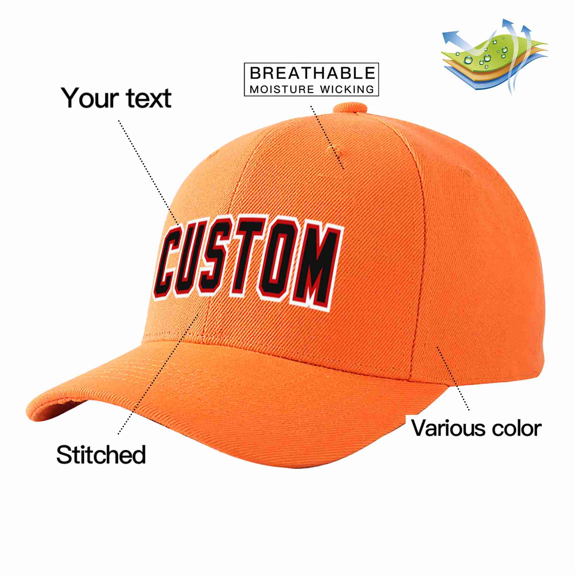 Conception personnalisée de casquette de baseball de sport incurvée orange noir-rouge pour hommes/femmes/jeunes