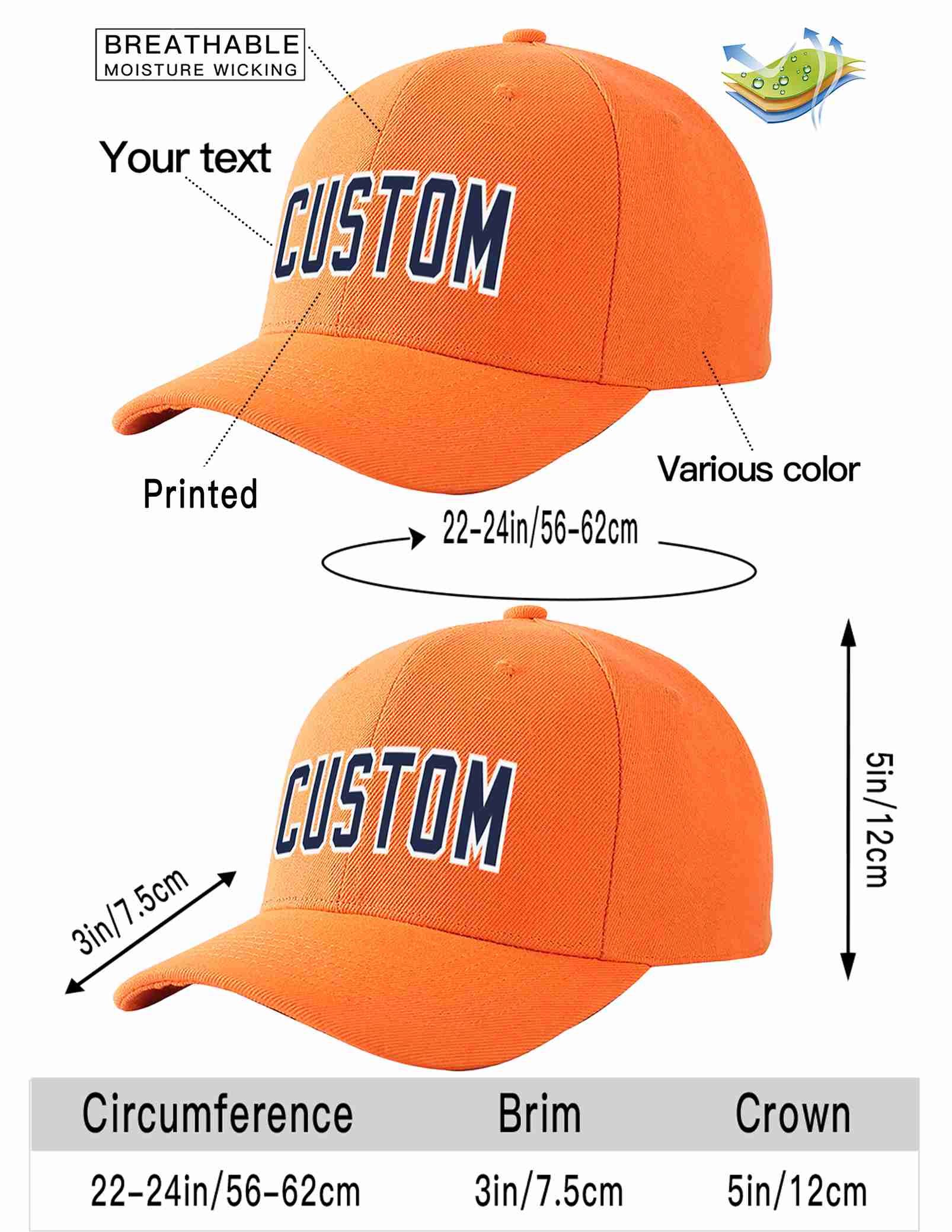 Conception personnalisée de casquette de baseball de sport incurvée orange marine-blanc pour hommes/femmes/jeunes