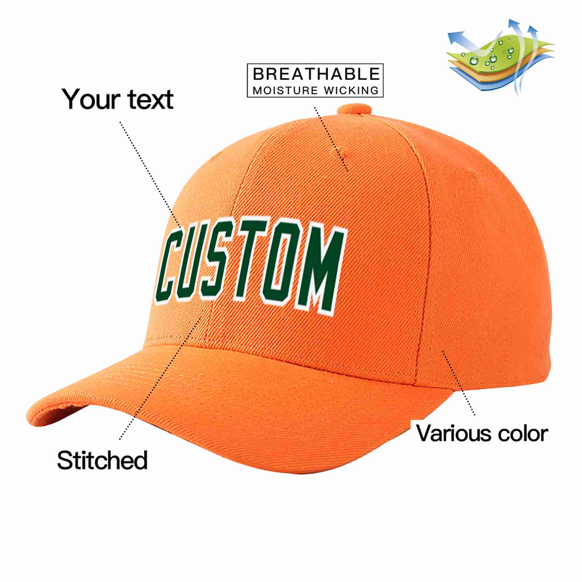 Custom Orange Green-White Curved Eaves Sport Baseball Cap Design for Men/Women/Youth