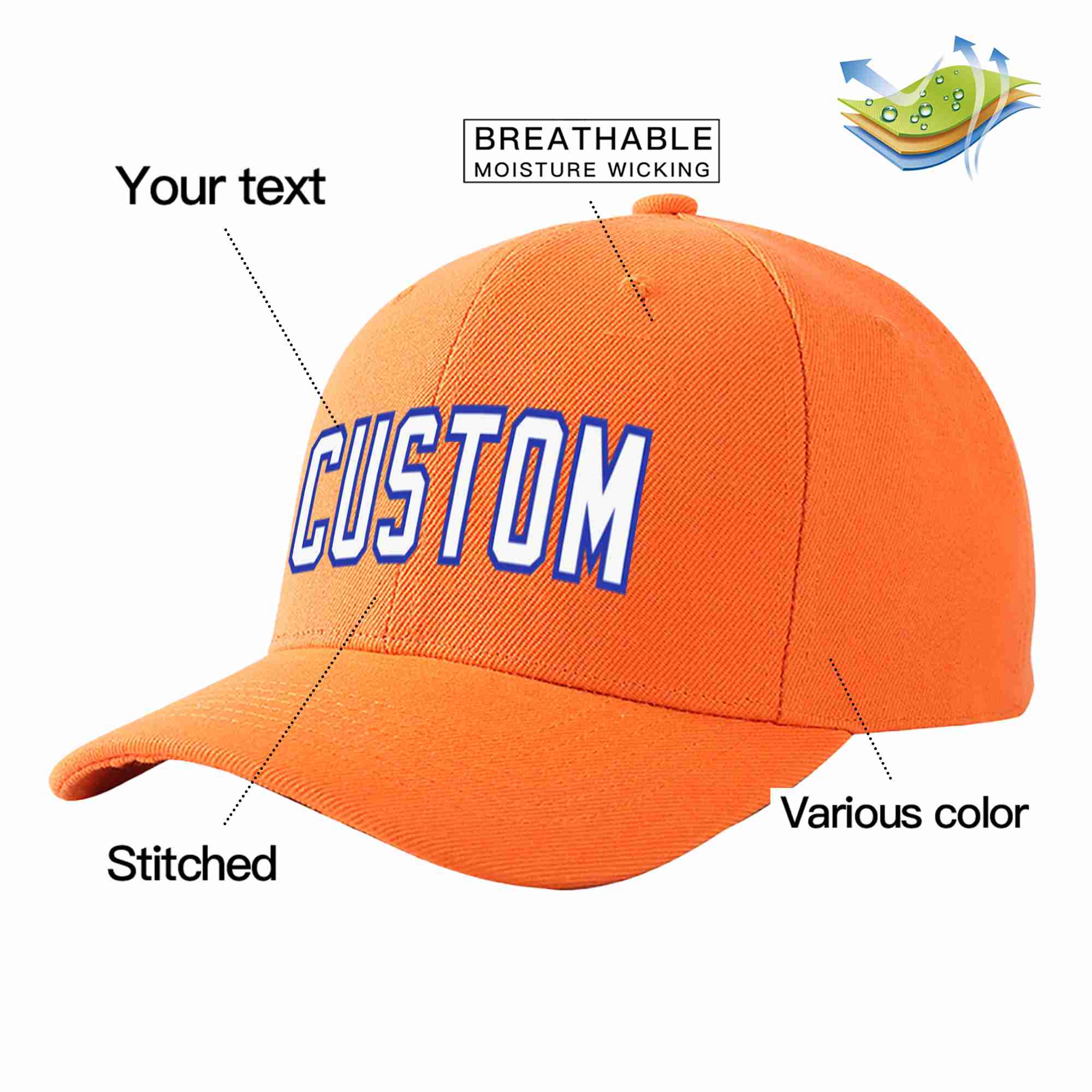 Conception personnalisée de casquette de baseball de sport courbée orange blanc-royal pour hommes/femmes/jeunes