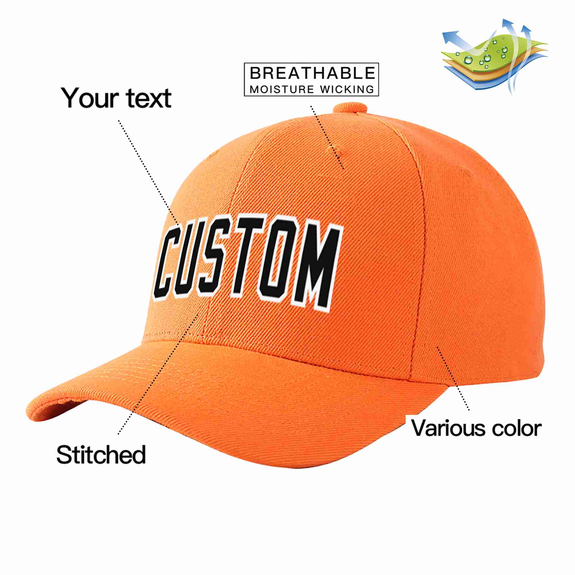 Conception personnalisée de casquette de baseball de sport incurvée orange noir-blanc pour hommes/femmes/jeunes