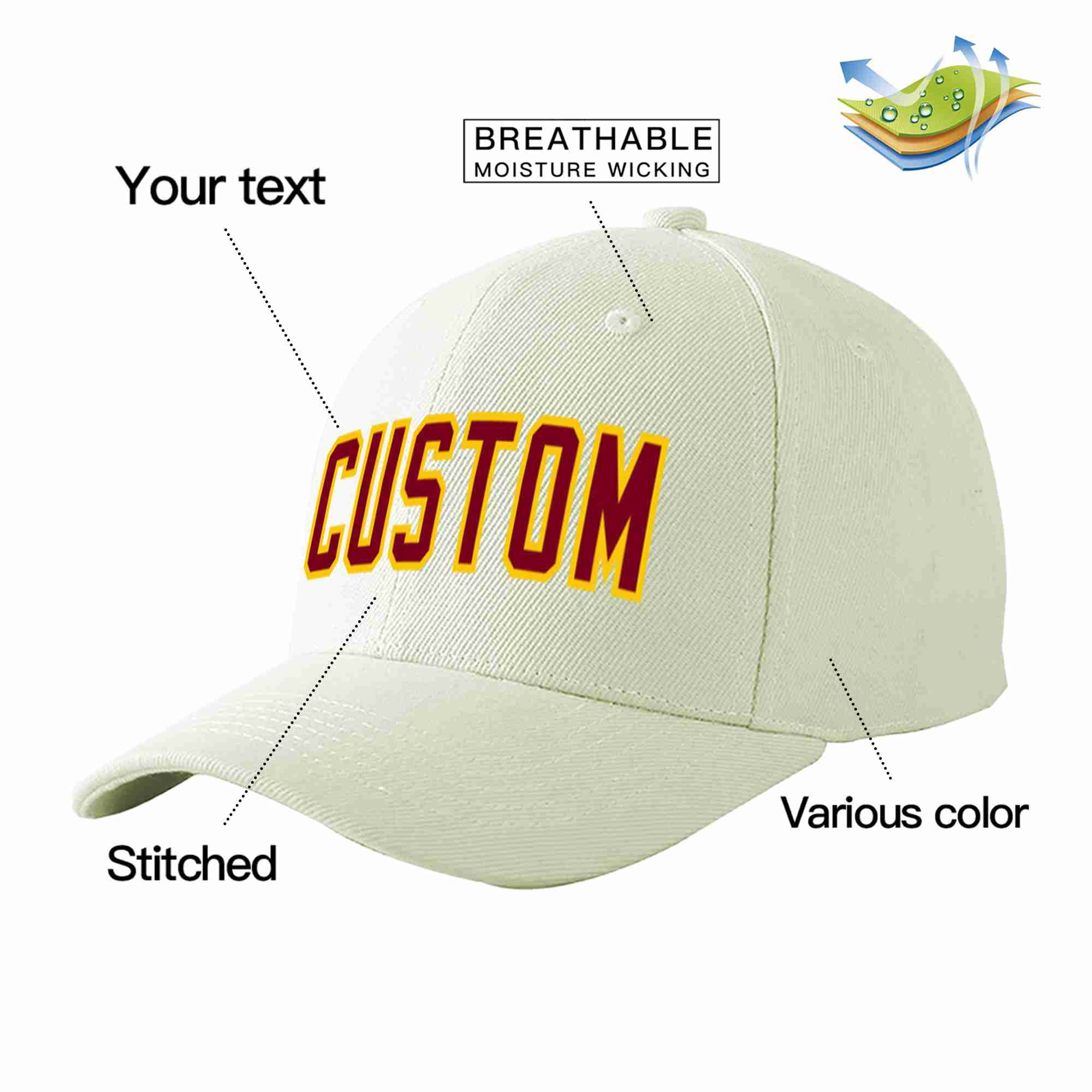 Casquette de baseball de sport incurvée crème cramoisi-or personnalisée pour hommes/femmes/jeunes