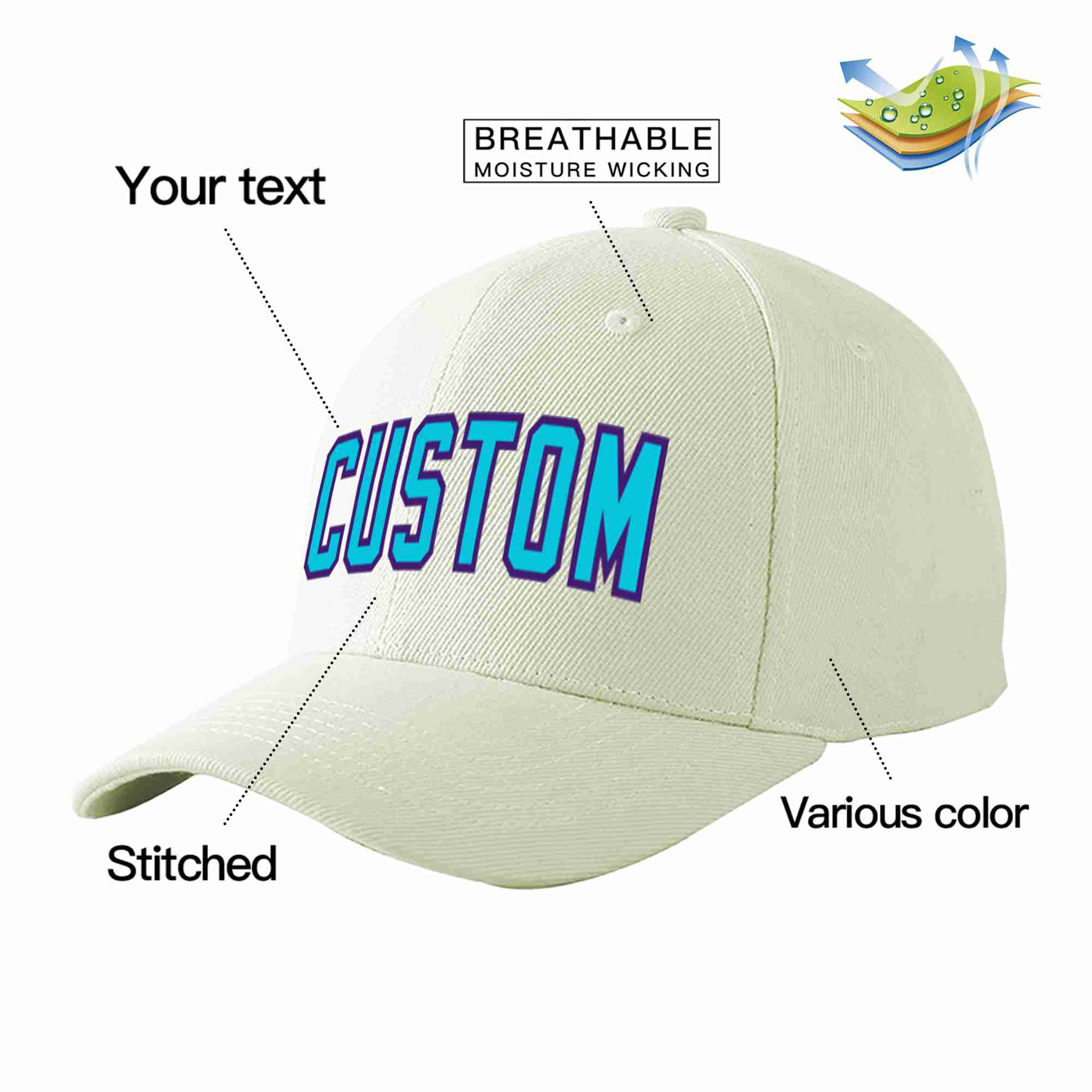 Custom Cream Light Blue-Purple Curved Eaves Sport Baseball Cap Design for Men/Women/Youth