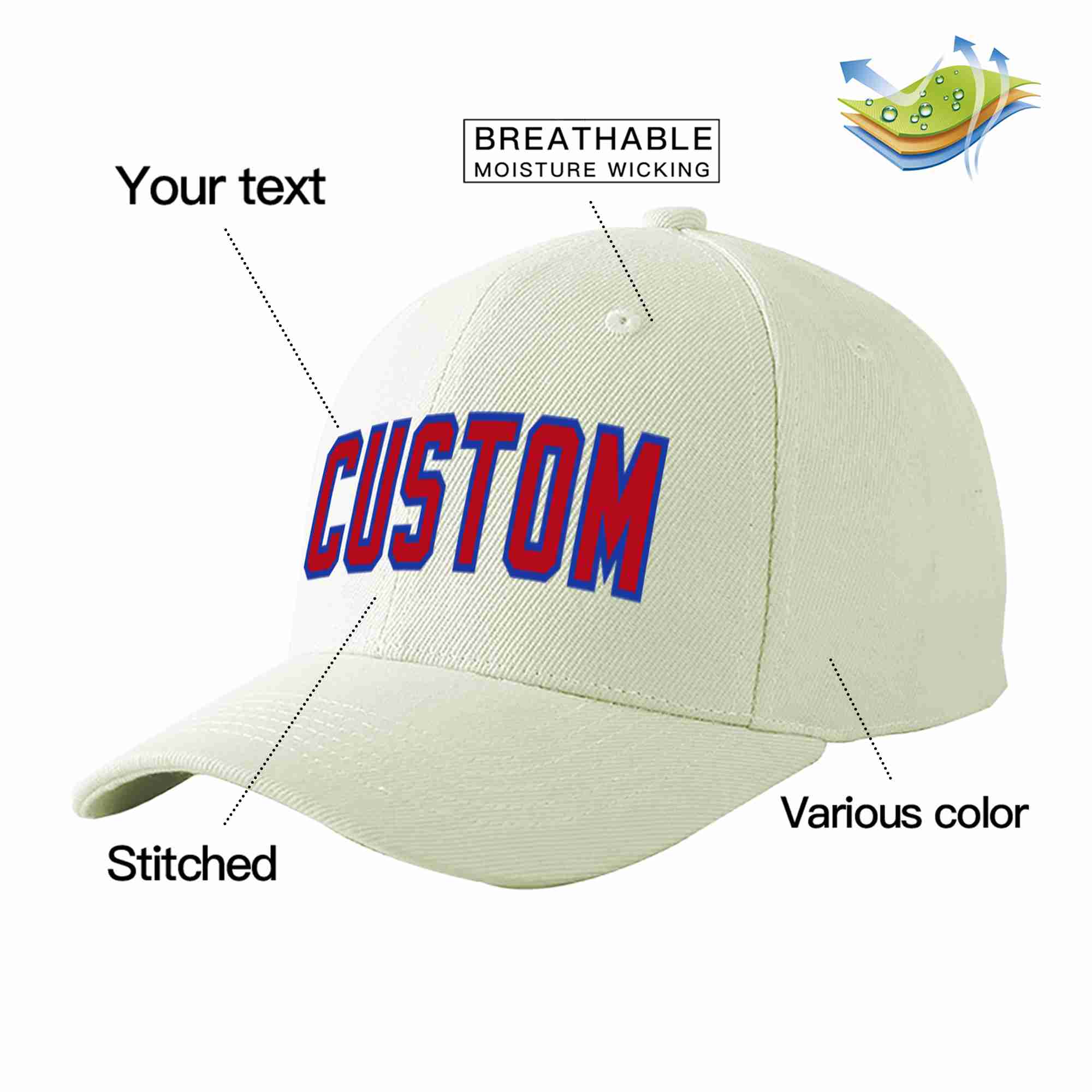 Casquette de baseball de sport incurvée rouge-royal crème personnalisée pour hommes/femmes/jeunes