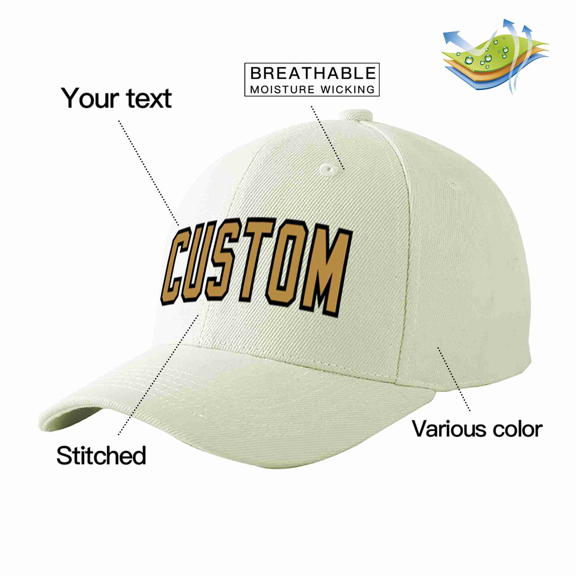 Custom Cream Old Gold-Black Curved Eaves Sport Baseball Cap Design for Men/Women/Youth