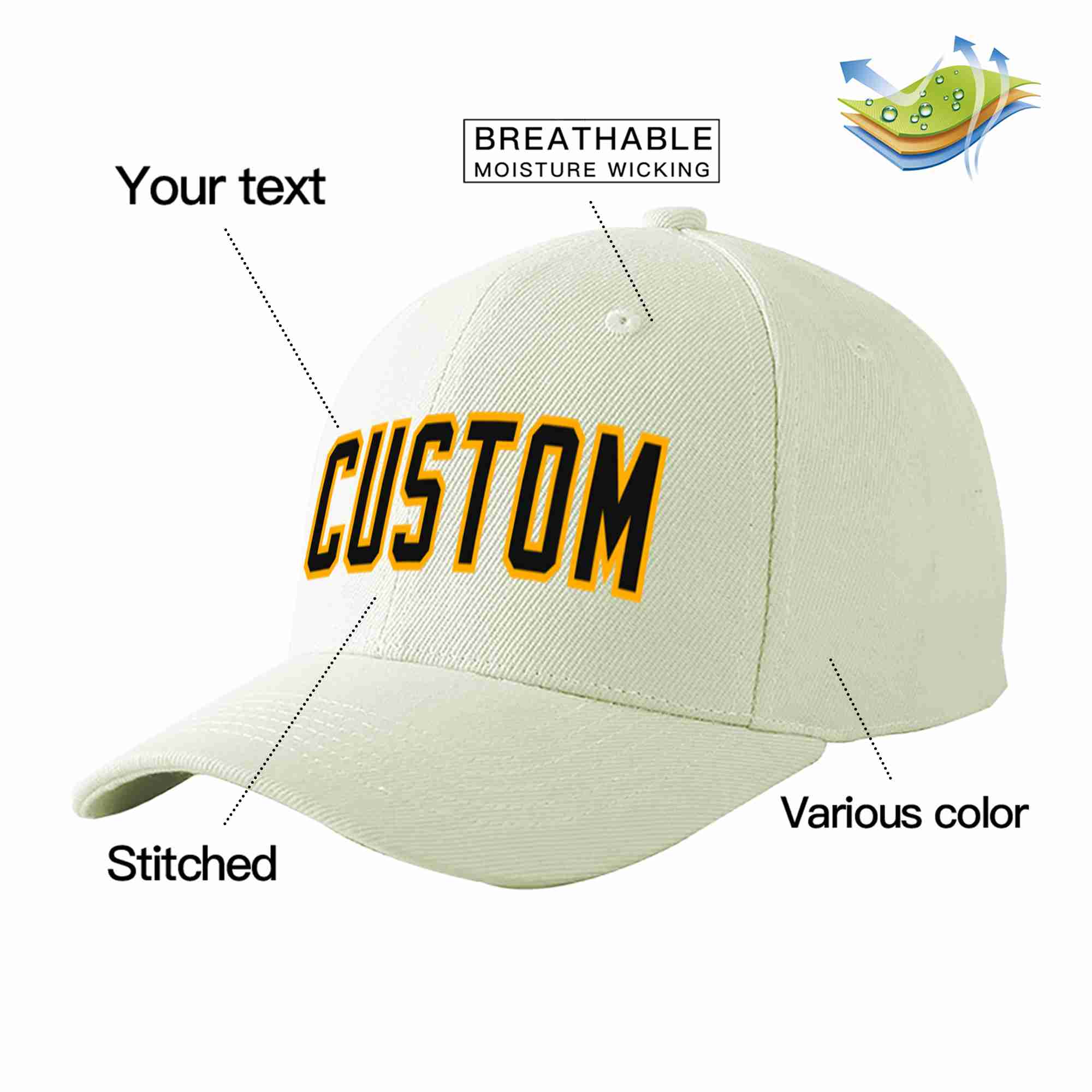 Custom Cream Black-Yellow Curved Eaves Sport Baseball Cap Design for Men/Women/Youth