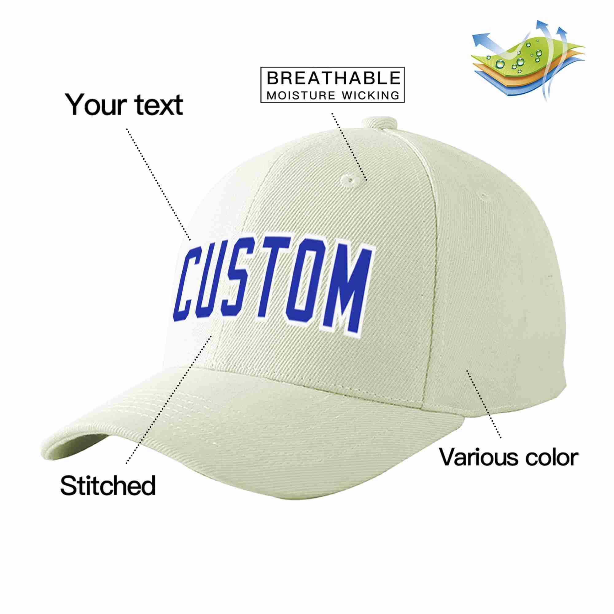 Custom Cream Royal-White Curved Eaves Sport Baseball Cap Design for Men/Women/Youth