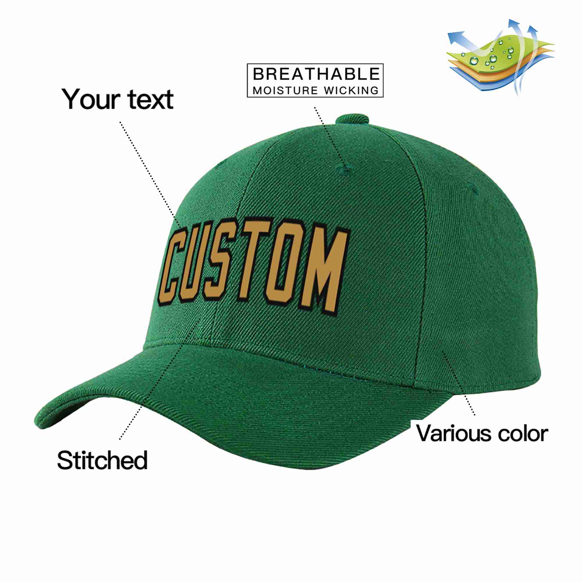 Conception personnalisée de casquette de baseball de sport à avant-toit incurvé vert vieux or-noir pour hommes/femmes/jeunes