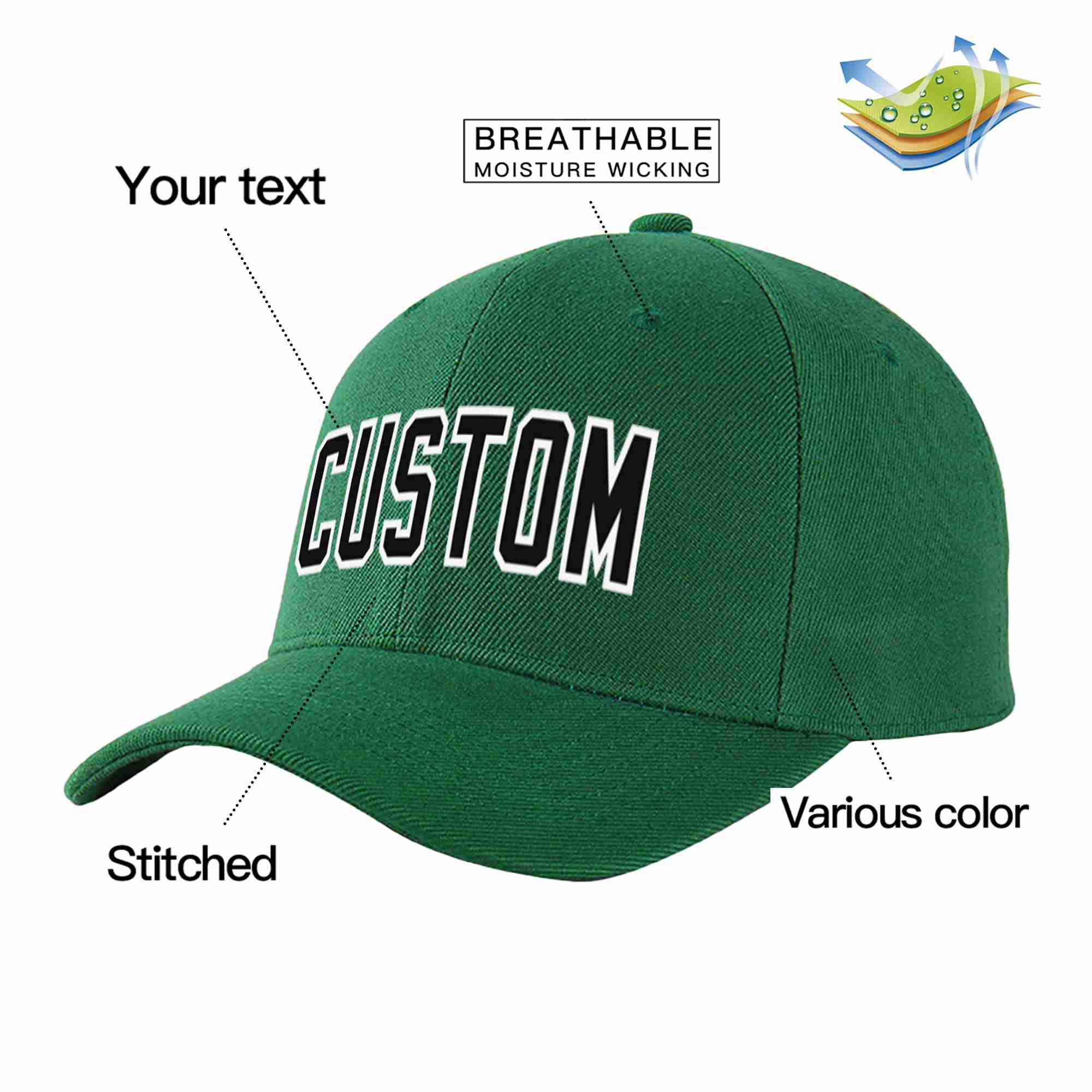 Conception personnalisée de casquette de baseball de sport incurvée vert noir-blanc pour hommes/femmes/jeunes