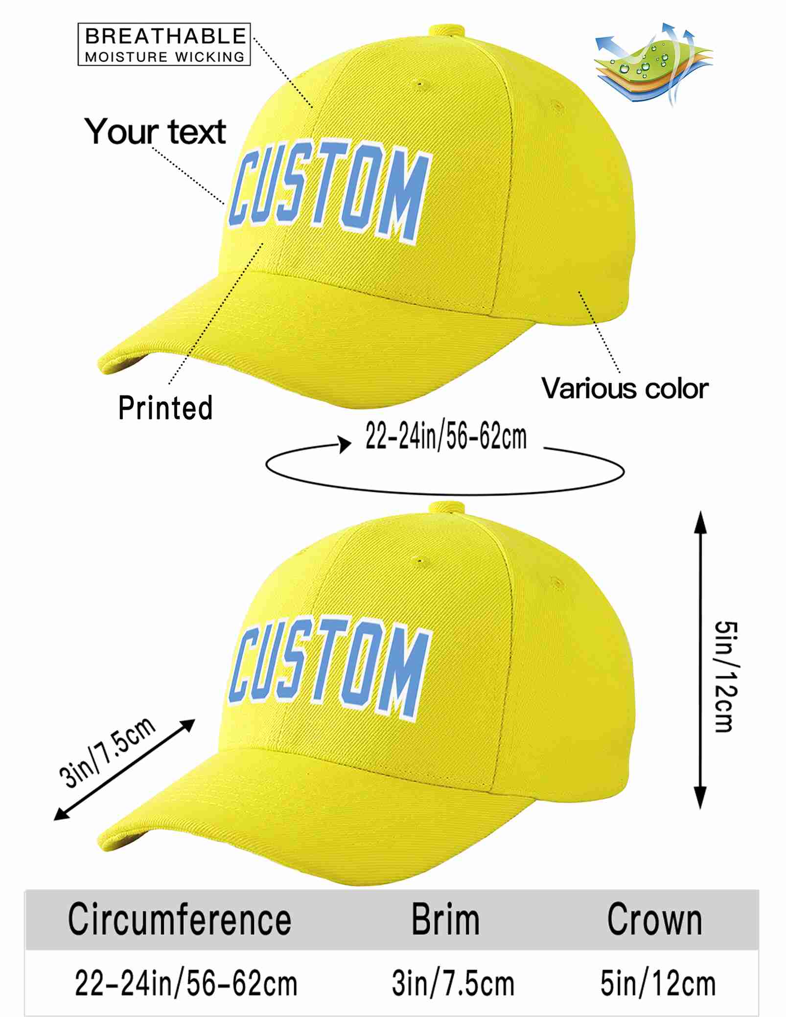 Conception personnalisée de casquette de baseball de sport incurvée jaune bleu clair-blanc pour hommes/femmes/jeunes