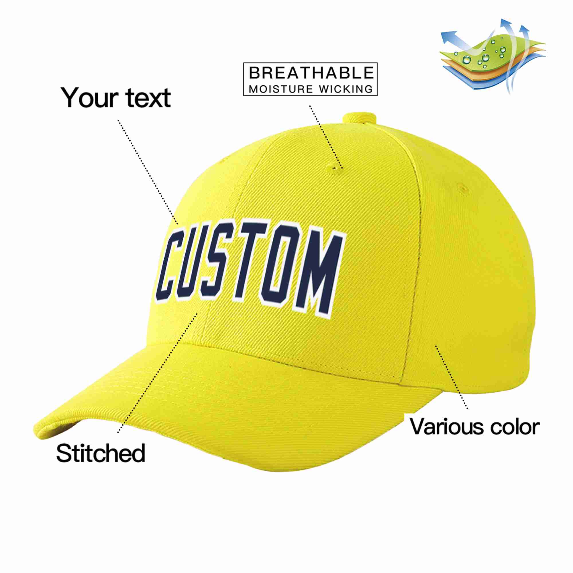 Conception personnalisée de casquette de baseball de sport incurvée jaune marine-blanc pour hommes/femmes/jeunes