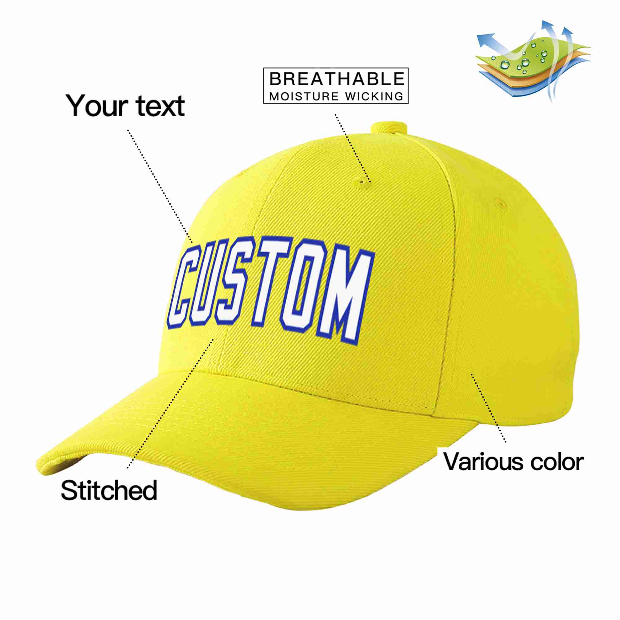 Conception personnalisée de casquette de baseball de sport courbée jaune blanc-royal pour hommes/femmes/jeunes