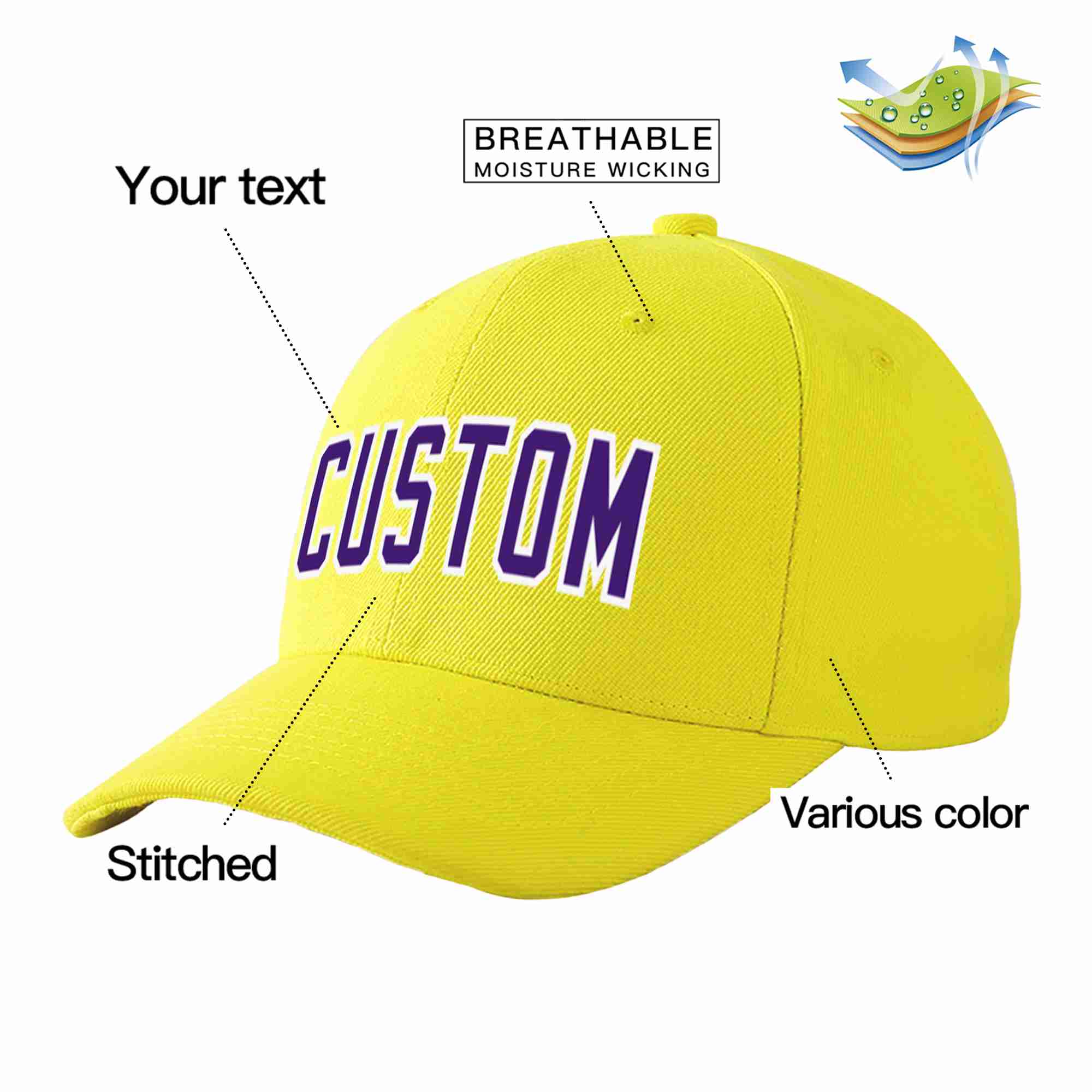 Conception personnalisée de casquette de baseball de sport incurvée jaune violet-blanc pour hommes/femmes/jeunes