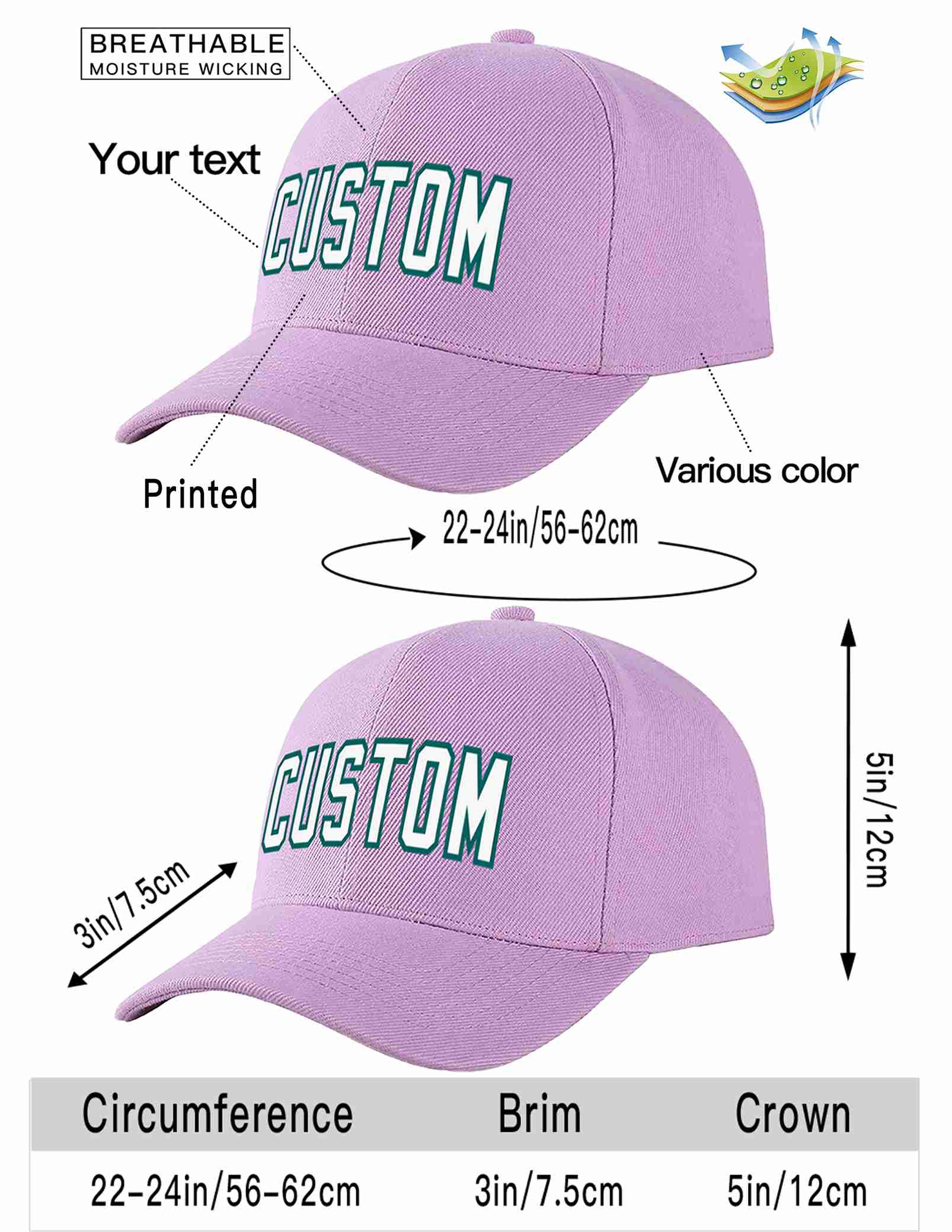 Conception personnalisée de casquette de baseball de sport incurvée blanc-aqua violet clair pour hommes/femmes/jeunes