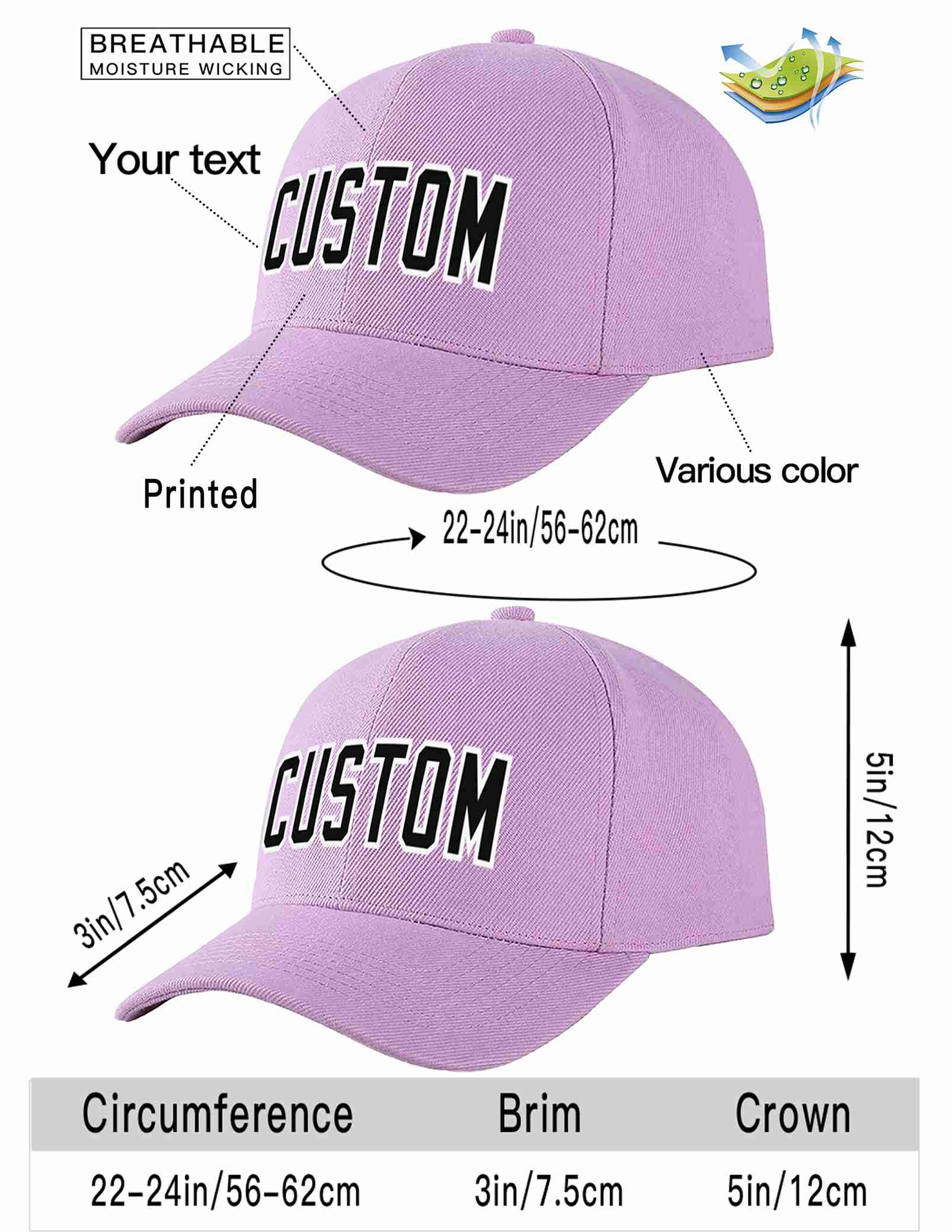 Custom Light Purple Black-White Curved Eaves Sport Baseball Cap Design for Men/Women/Youth