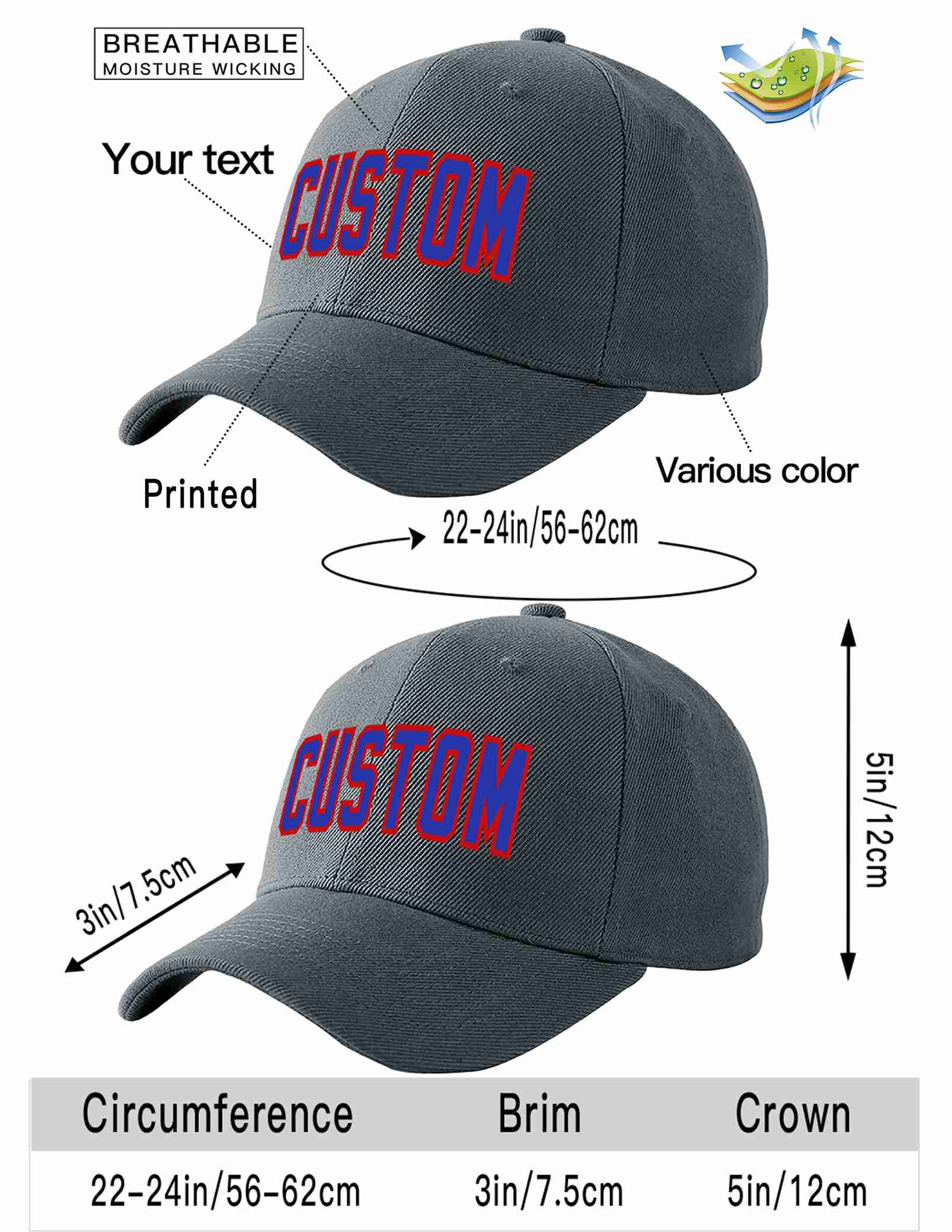 Custom Dark Gray Royal-Red Curved Eaves Sport Baseball Cap Design for Men/Women/Youth