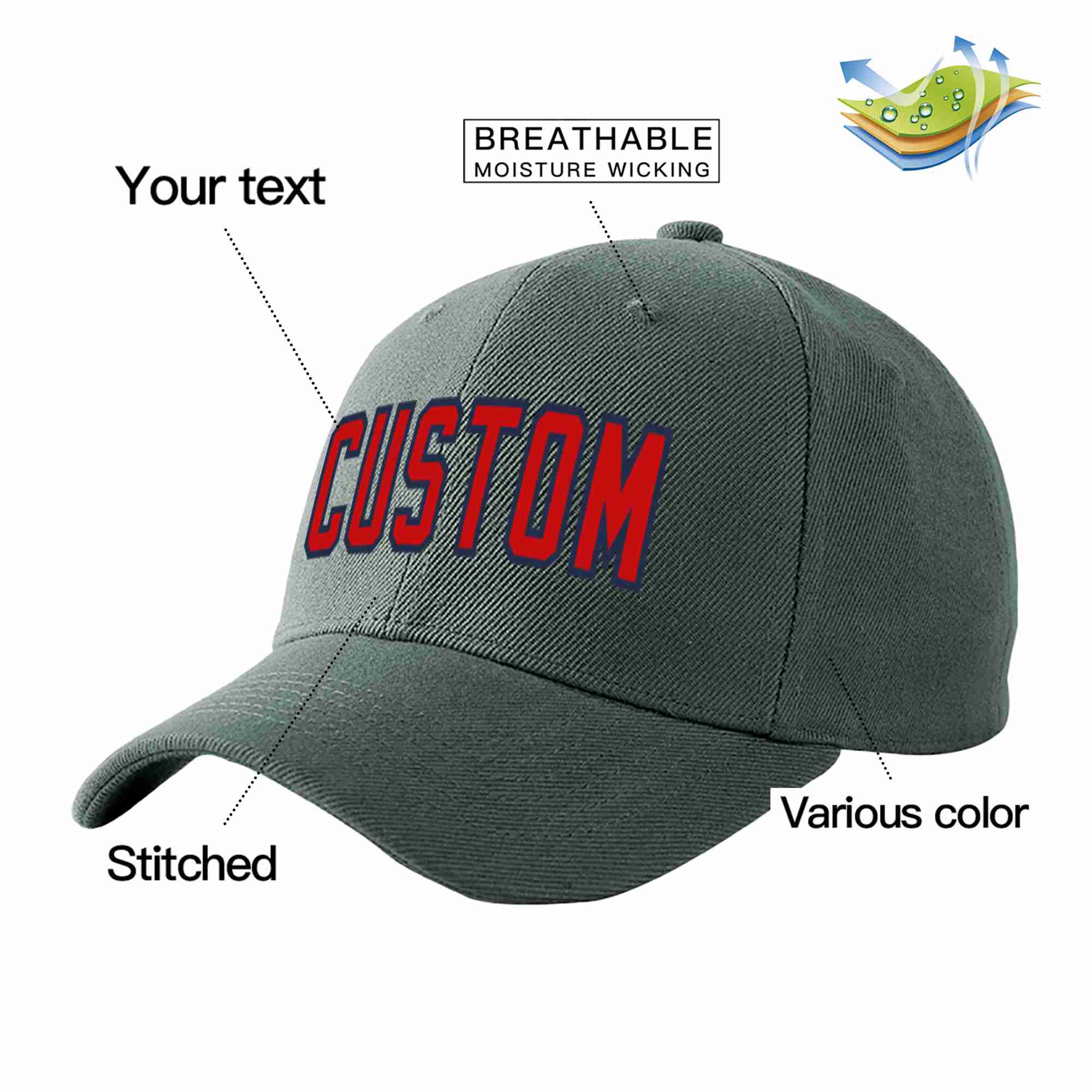 Conception personnalisée de casquette de baseball de sport incurvée gris foncé rouge-marine pour hommes/femmes/jeunes