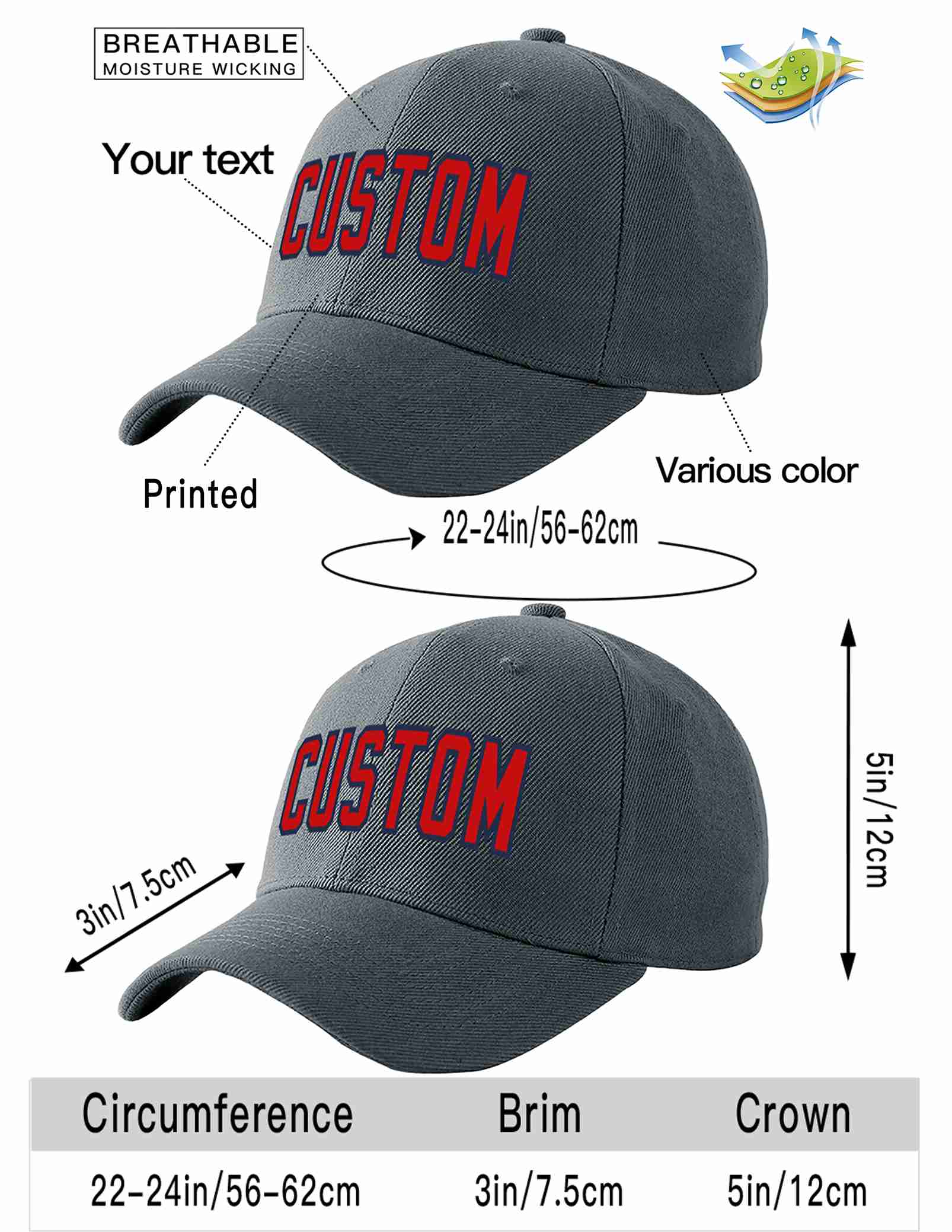 Custom Dark Gray Red-Navy Curved Eaves Sport Baseball Cap Design for Men/Women/Youth