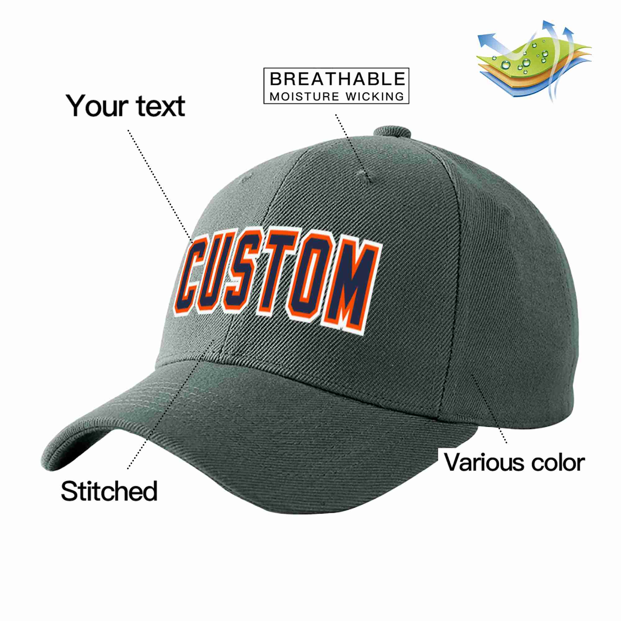 Conception personnalisée de casquette de baseball de sport incurvée gris foncé marine-orange pour hommes/femmes/jeunes