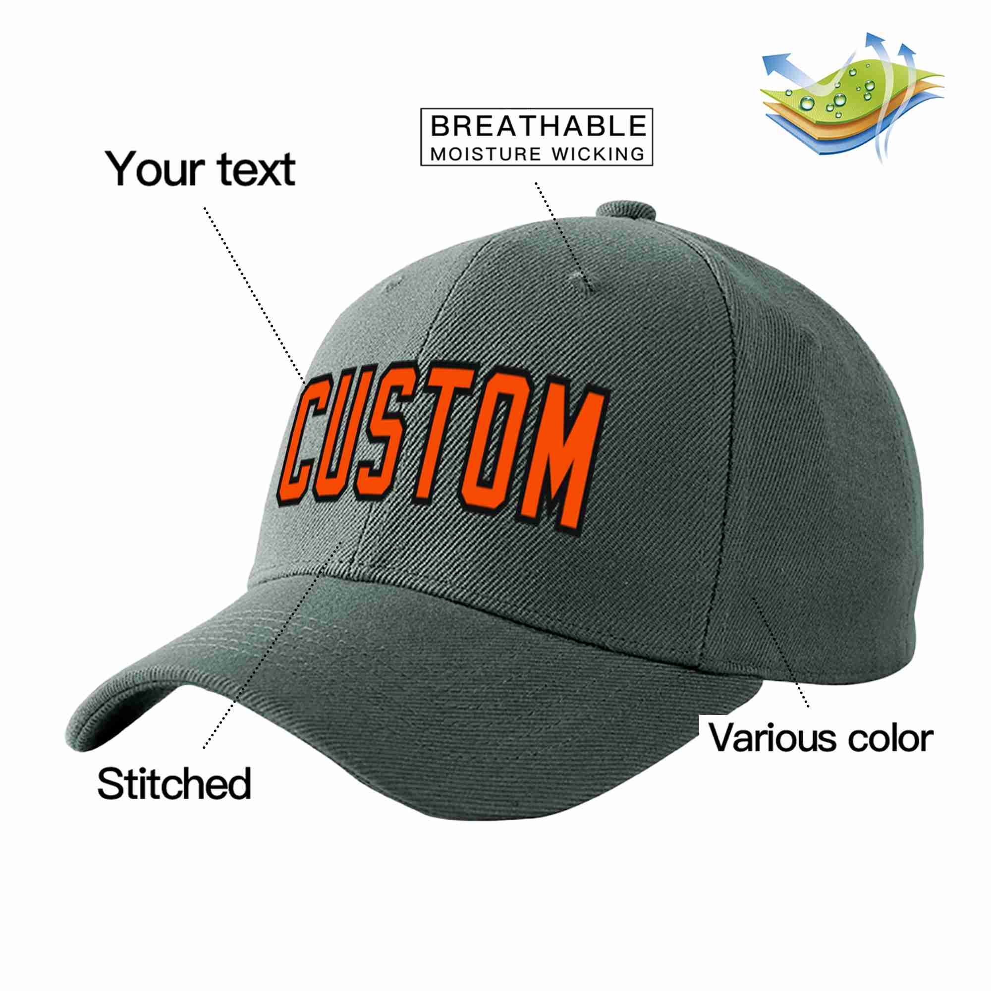 Conception personnalisée de casquette de baseball de sport incurvée gris foncé orange-noir pour hommes/femmes/jeunes