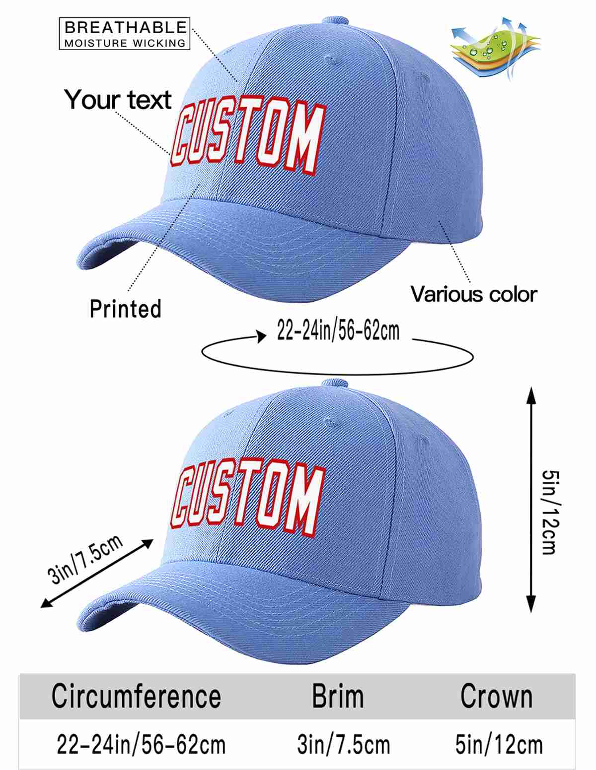 Conception personnalisée de casquette de baseball de sport incurvée bleu ciel blanc-rouge pour hommes/femmes/jeunes