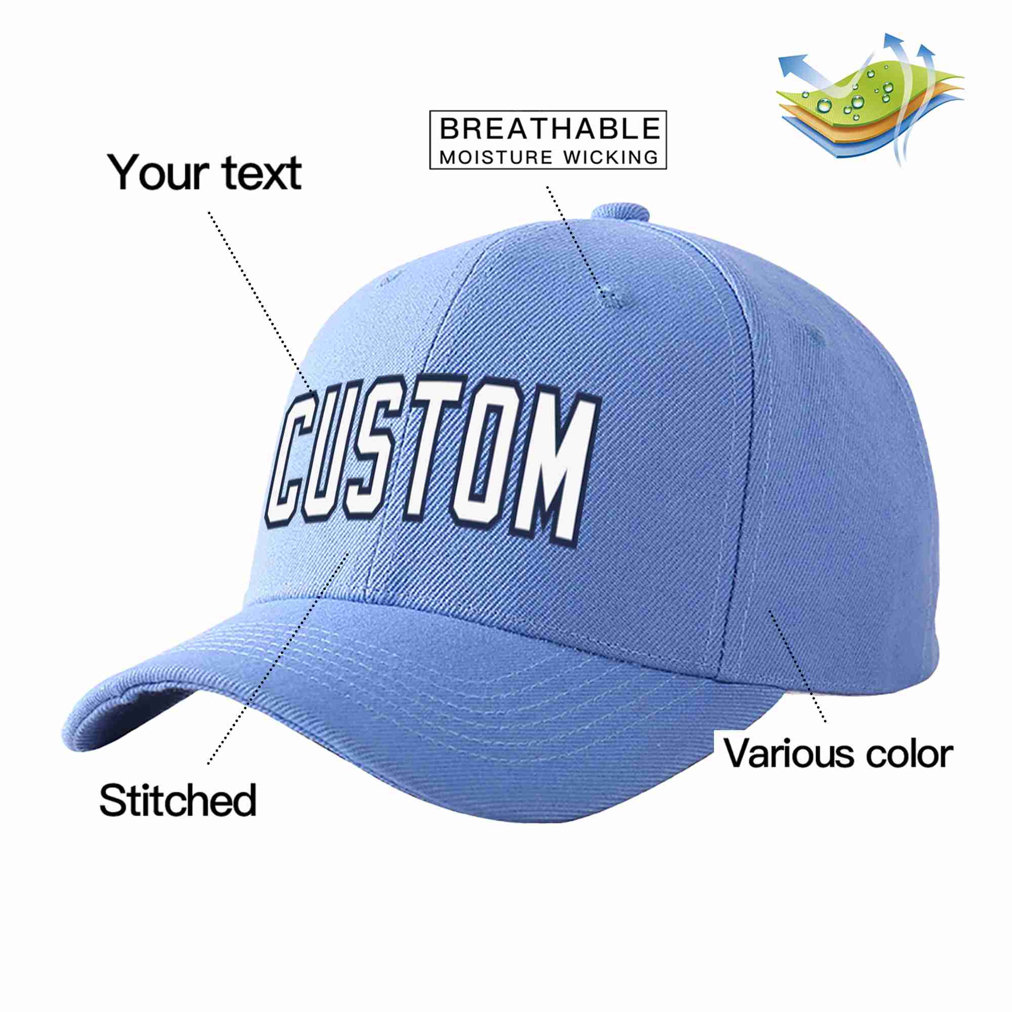 Conception personnalisée de casquette de baseball de sport incurvée bleu ciel blanc-marine pour hommes/femmes/jeunes