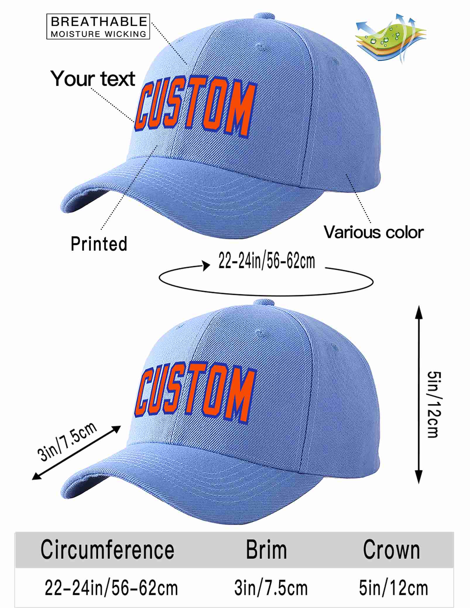 Conception personnalisée de casquette de baseball de sport incurvée bleu ciel orange-royal pour hommes/femmes/jeunes