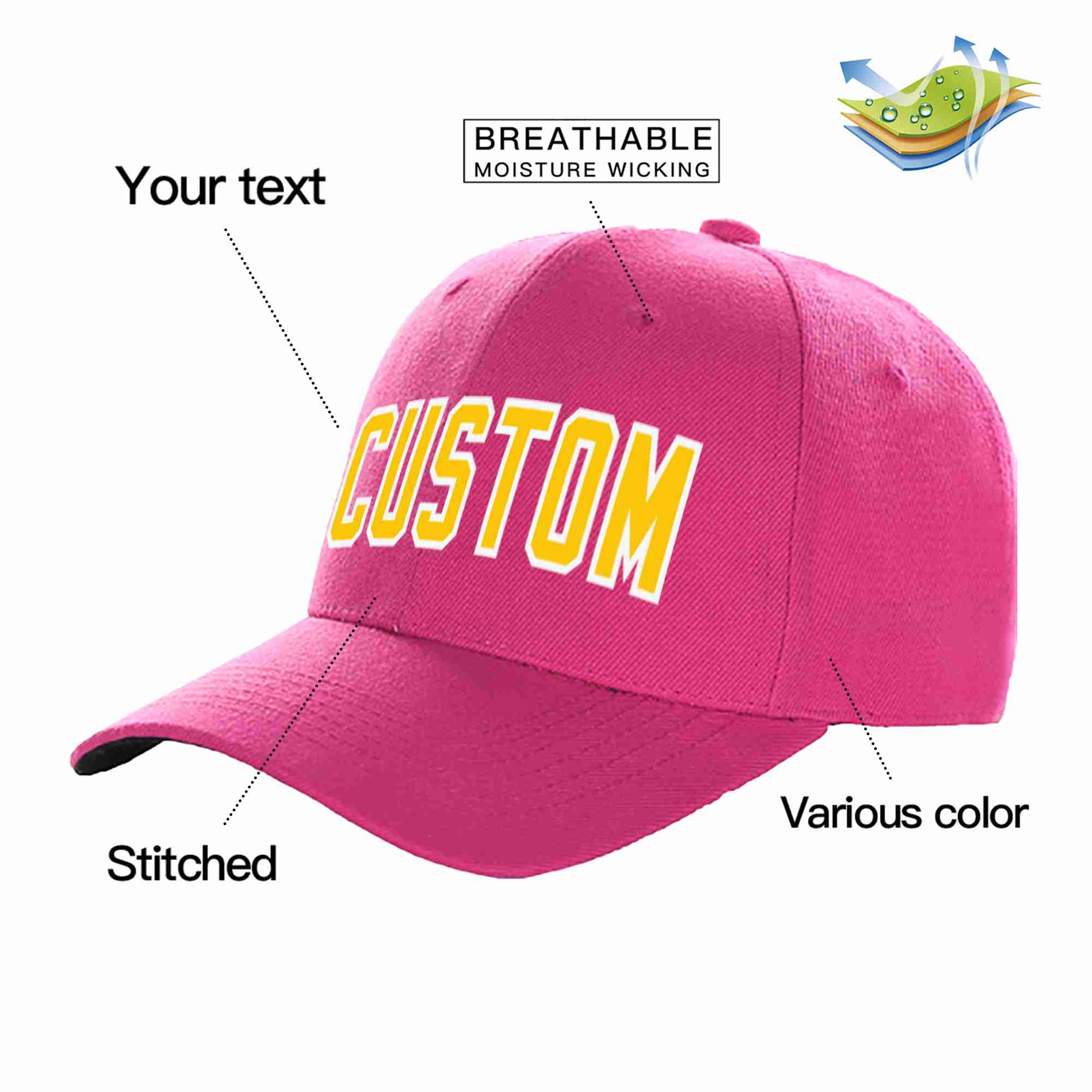 Custom Rose Red Gold-White Curved Eaves Sport Baseball Cap Design for Men/Women/Youth