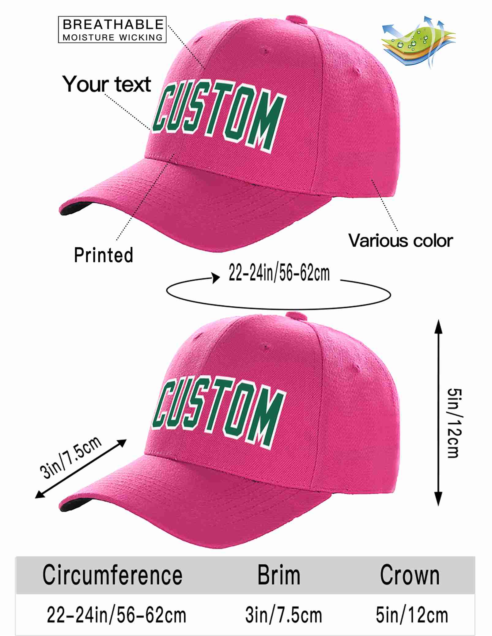 Custom Rose Red Kelly Green-White Curved Eaves Sport Baseball Cap Design for Men/Women/Youth