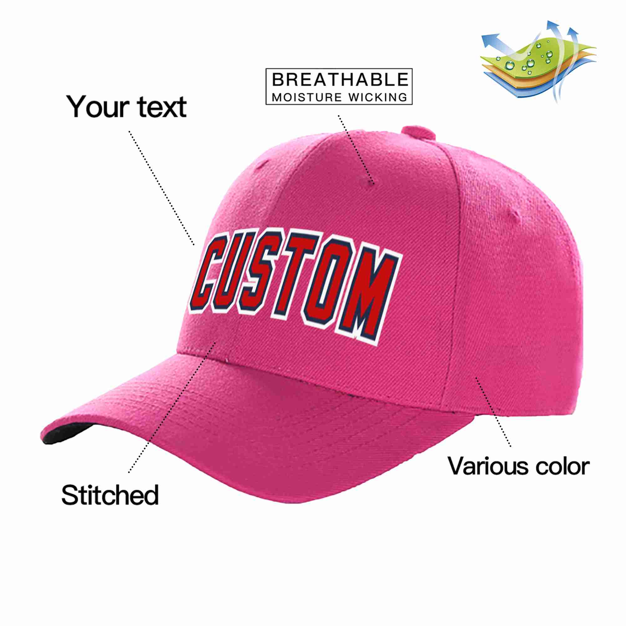 Conception personnalisée de casquette de baseball de sport à avant-toit incurvé rouge-marine rouge rose pour hommes/femmes/jeunes