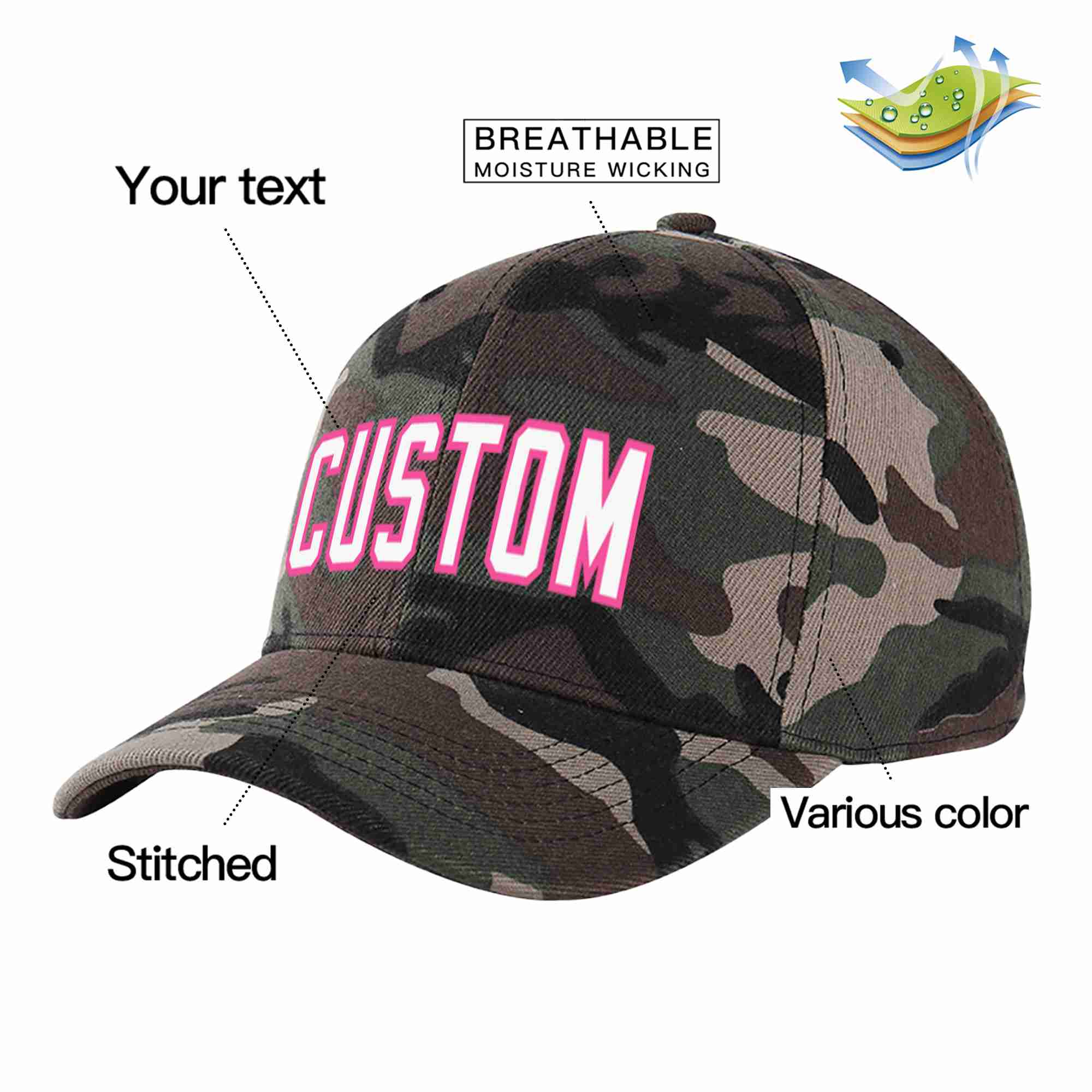 Conception de casquette de baseball de sport à avant-toit incurvé blanc-rose camouflage personnalisé pour hommes/femmes/jeunes