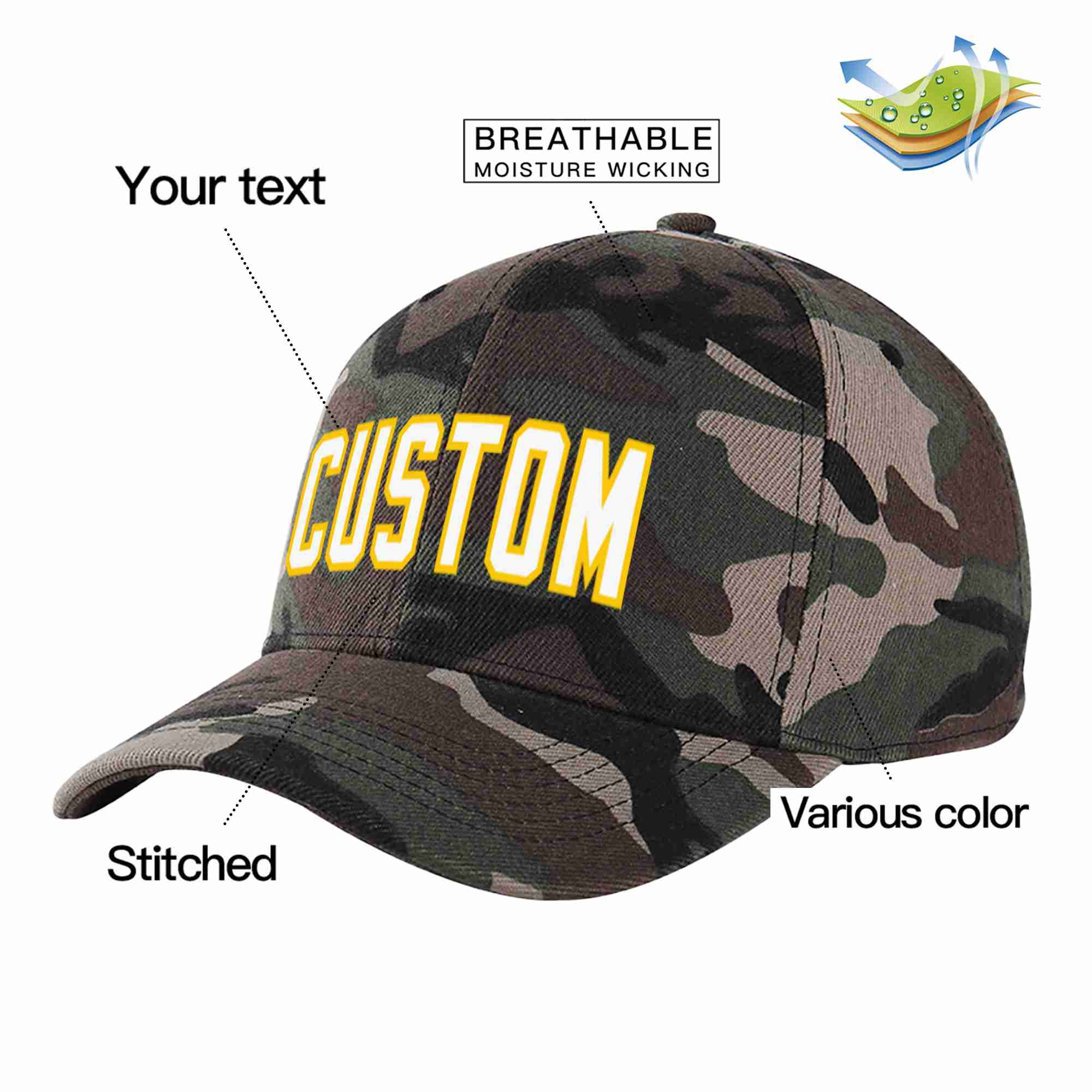 Custom Camo White-Gold Curved Eaves Sport Baseball Cap Design for Men/Women/Youth